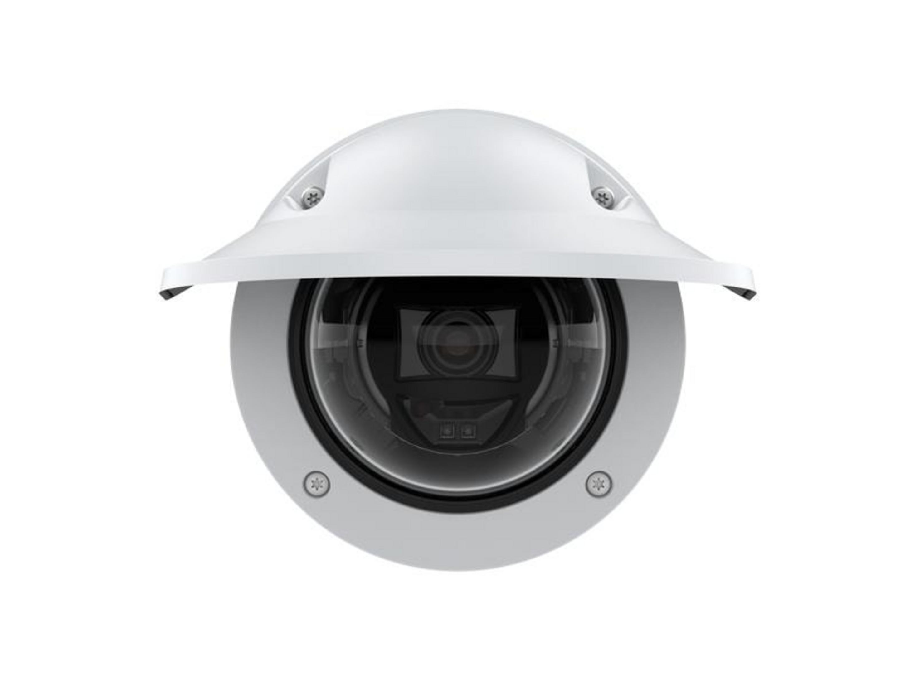 Biała kamera kopułkowa z wystającym daszkiem.
