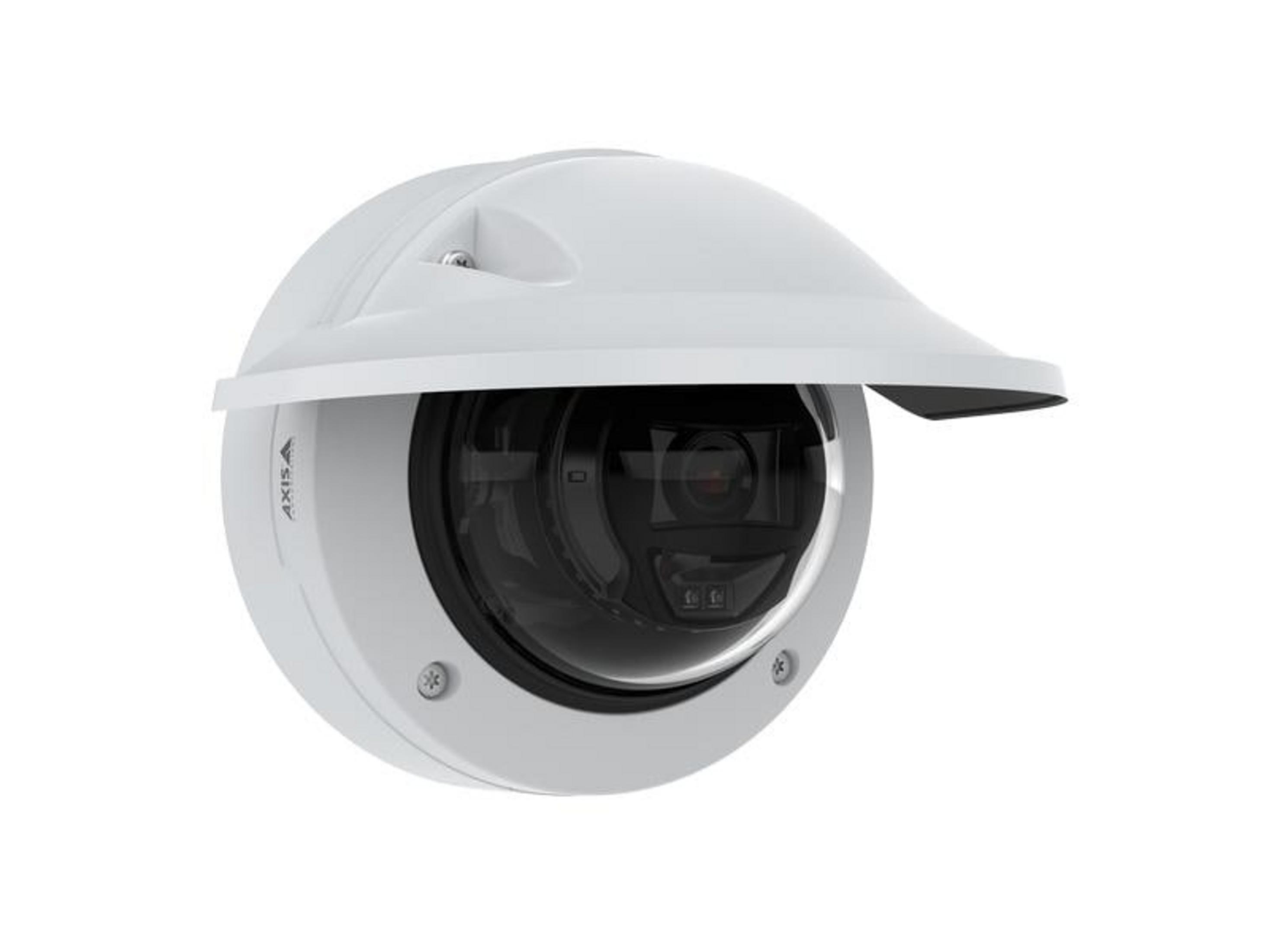 Biała kamera bezpieczeństwa z przezroczystą kopułą i osłoną przeciwsłoneczną.