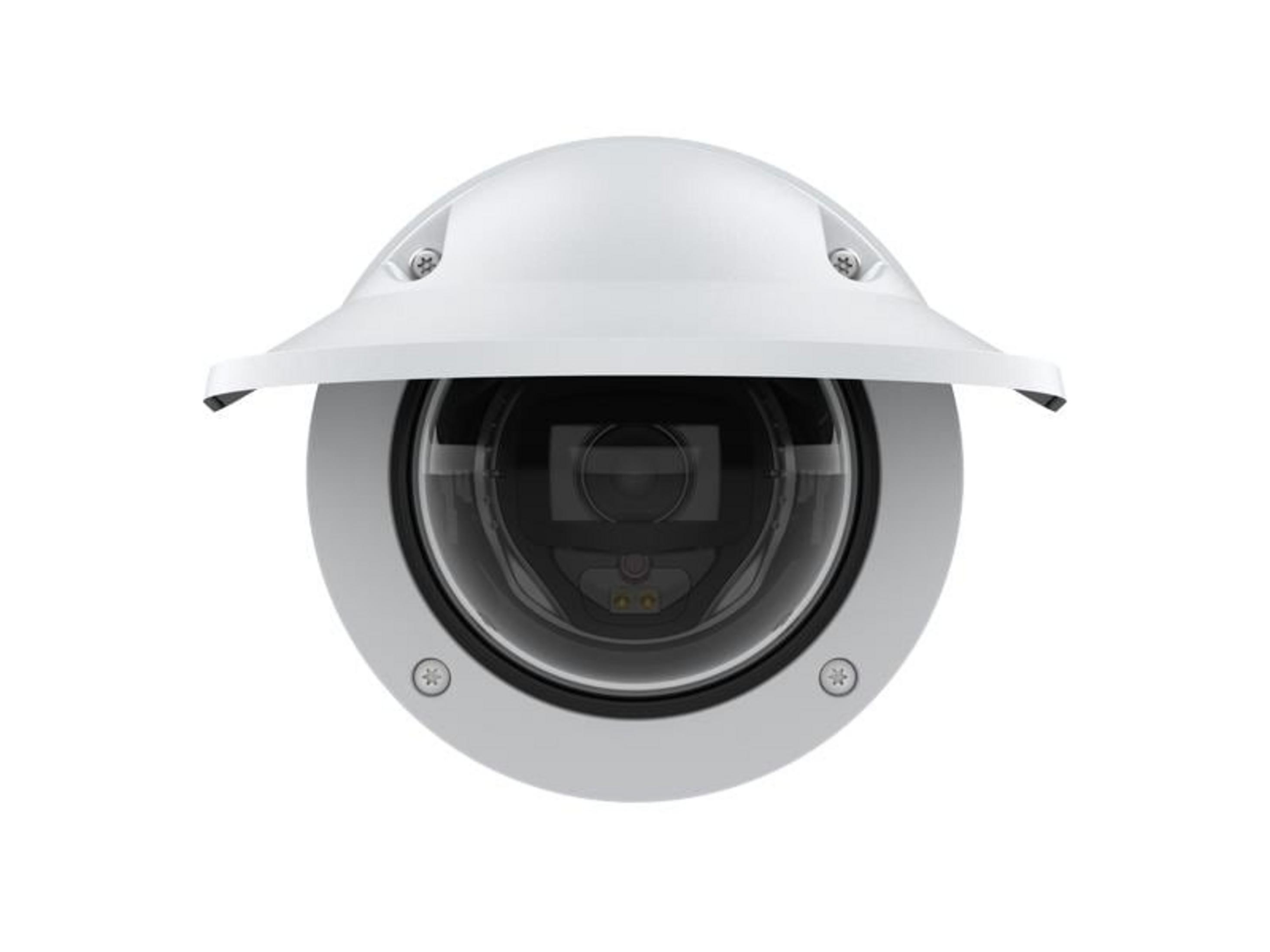 Biała kamera bezpieczeństwa kopułkowa z ciemnym obiektywem, na białym tle.