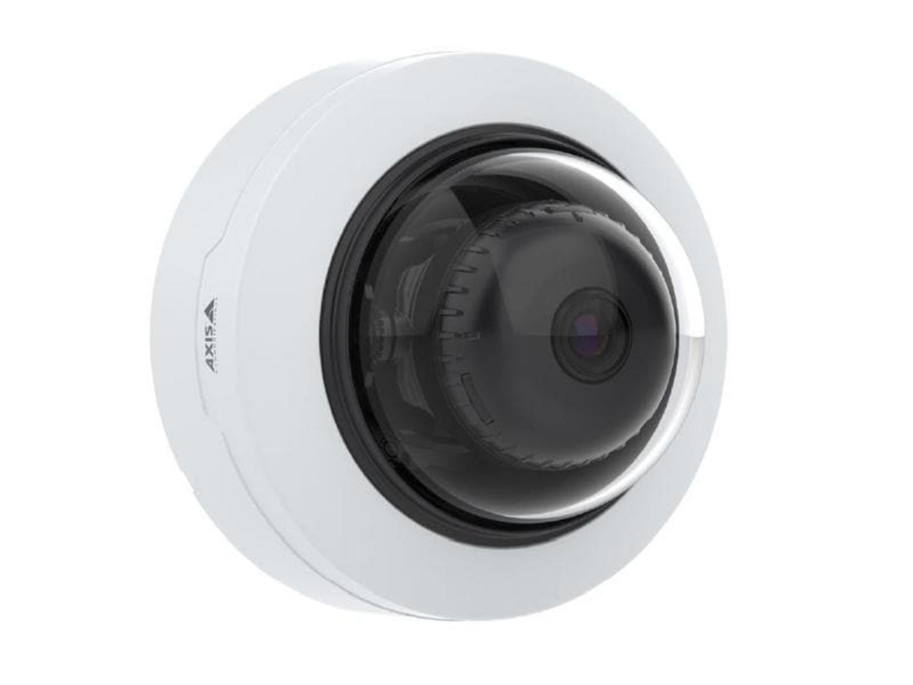 Biała kamera kopułkowa z czarnym obiektywem i obudową.