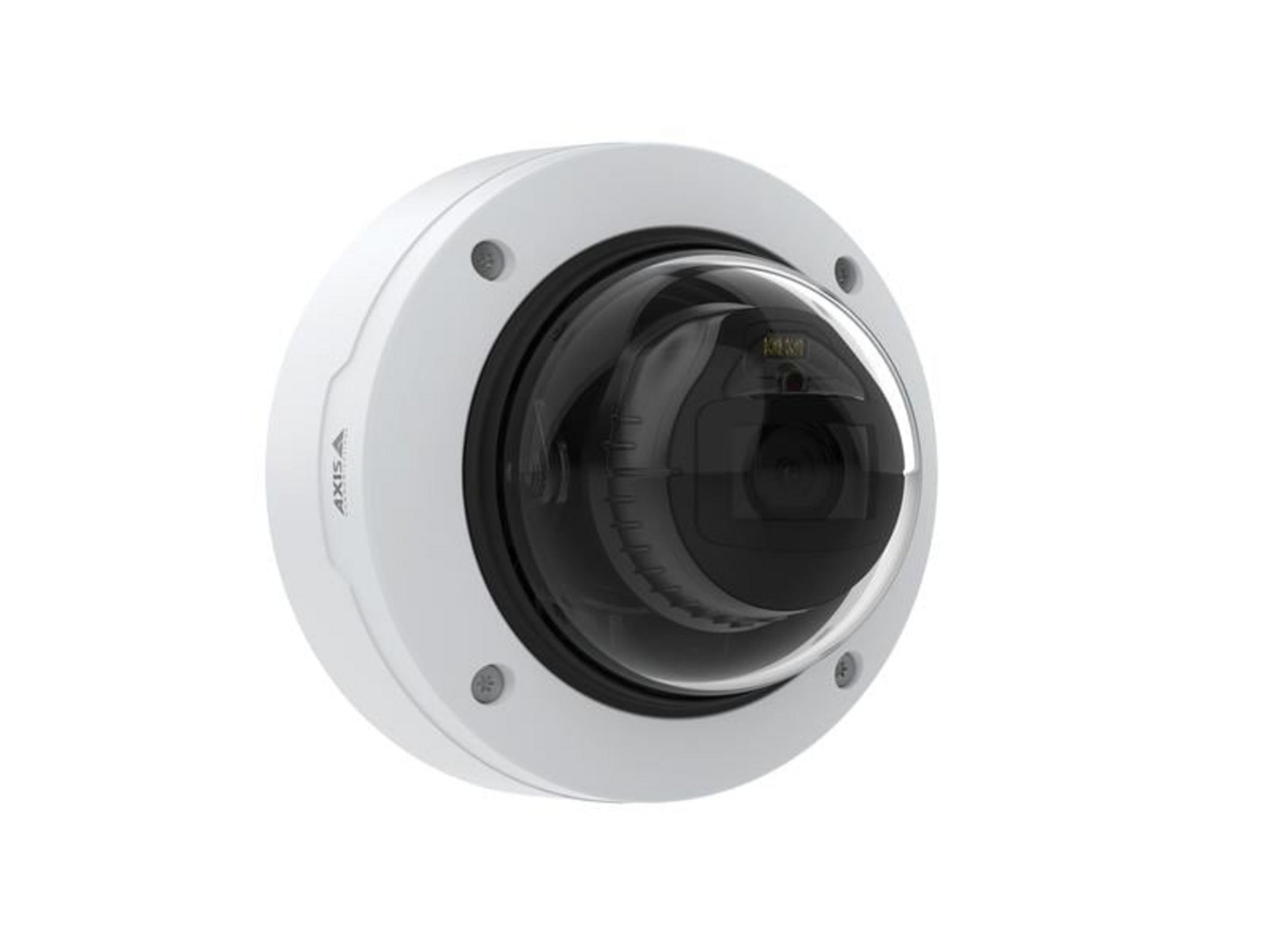 Biała kamera bezpieczeństwa z czarną kopułą i srebrnymi śrubami na białym tle.