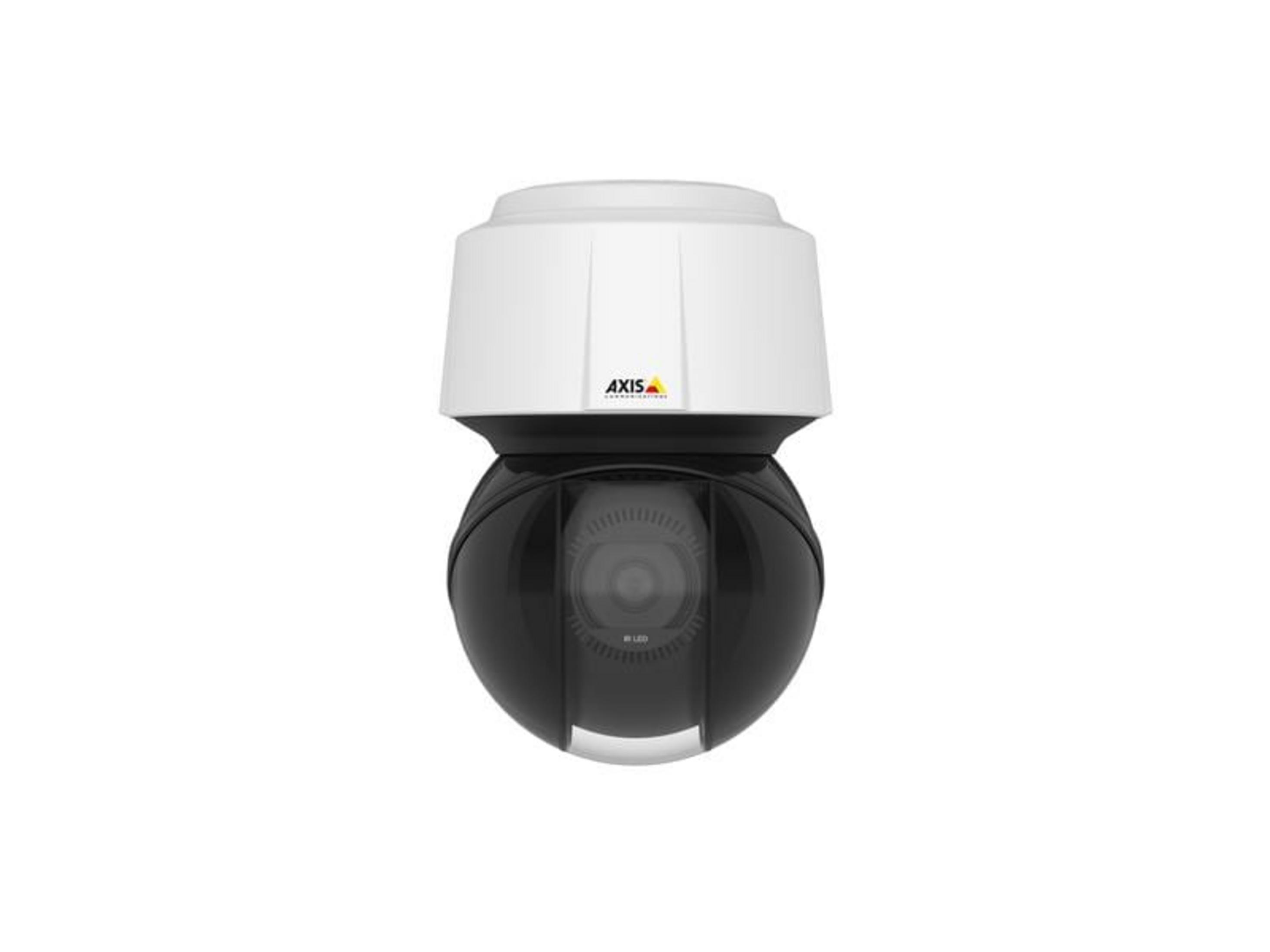 Biała kamera monitorująca z czarną kopułą i logo AXIS.