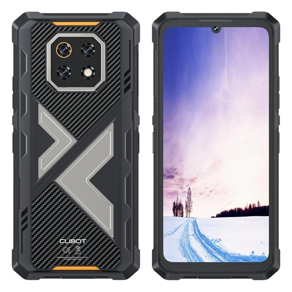 Wytrzymały smartfon z tyłem imitującym karbon i wyświetlaczem zimowego krajobrazu.