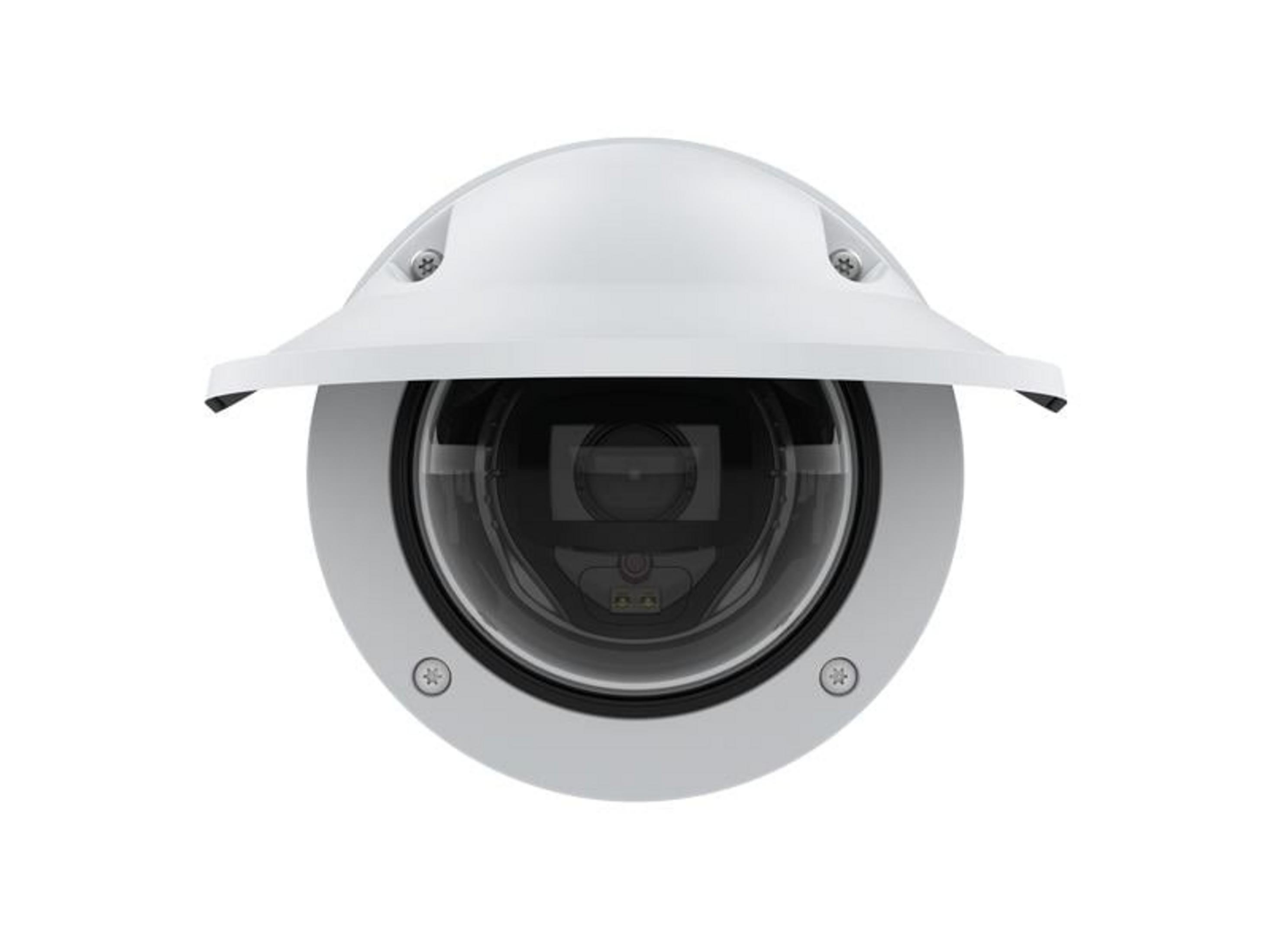 Biała kamera bezpieczeństwa z uchylną osłoną i szklanym obiektywem.