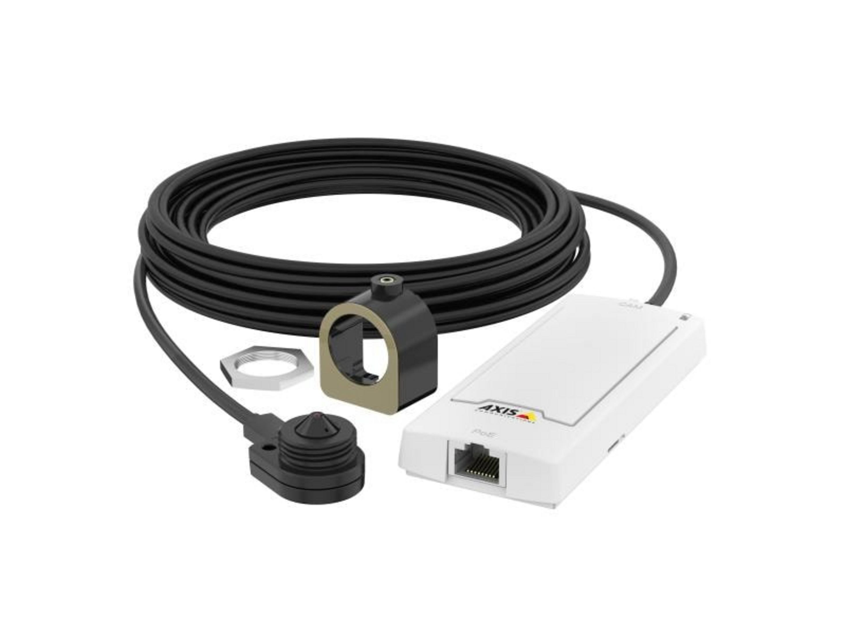 Biały adapter PoE, czarny kabel, uchwyt i mały czarny czujnik kamery.