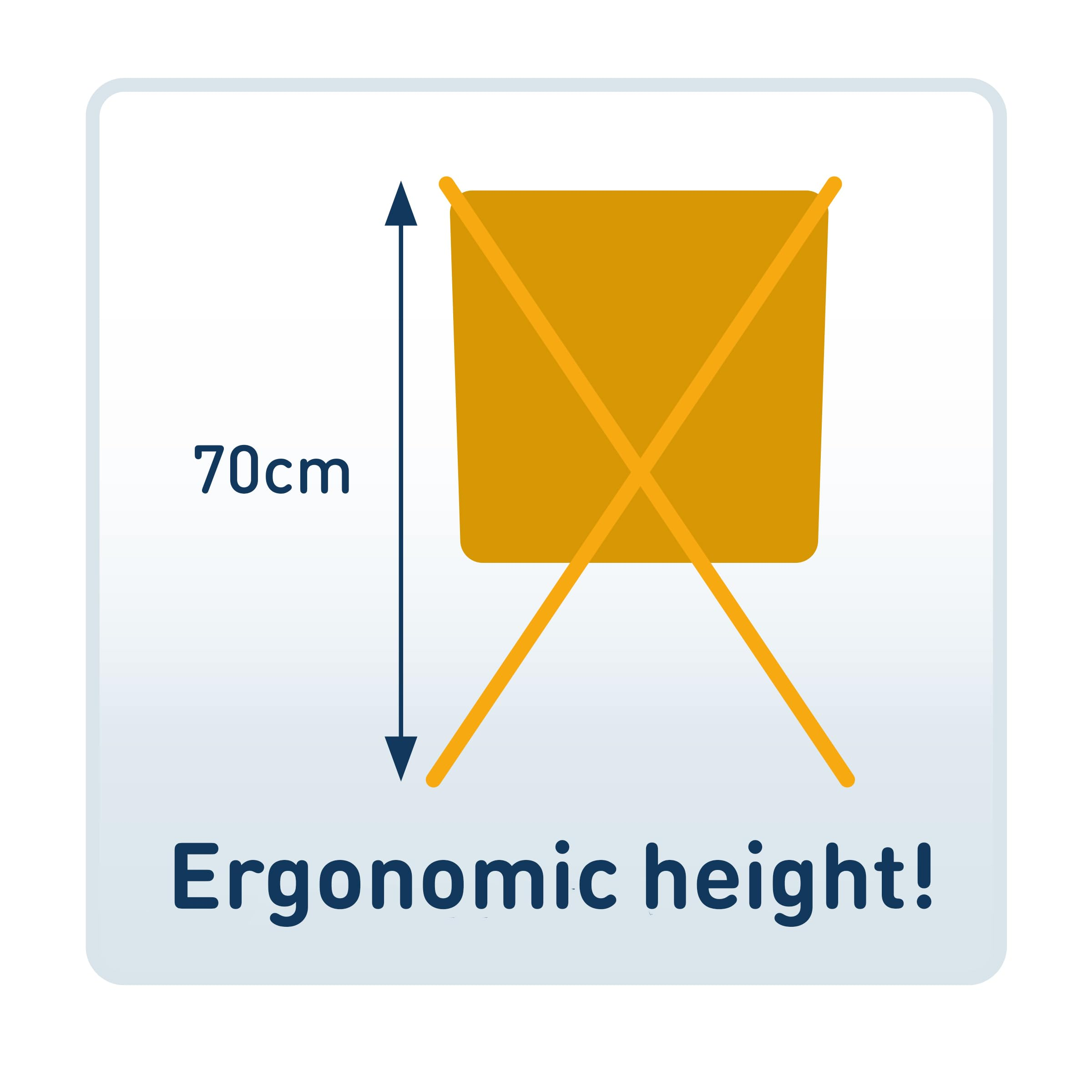 Altezza ergonomica di 70 cm mostrata da un quadrato giallo con croce.