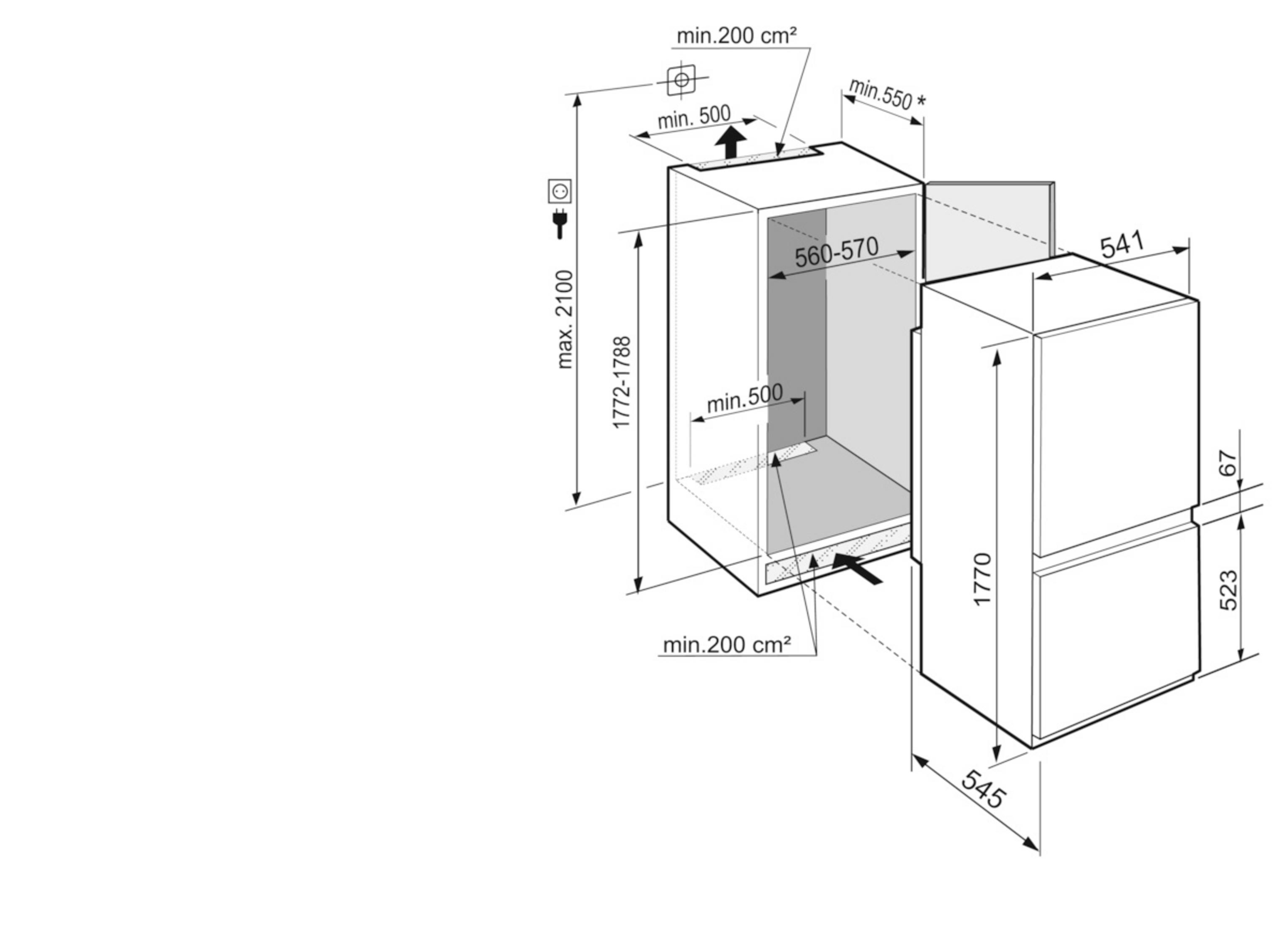 Dibujo técnico de un frigorífico empotrado con dimensiones y notas de instalación.