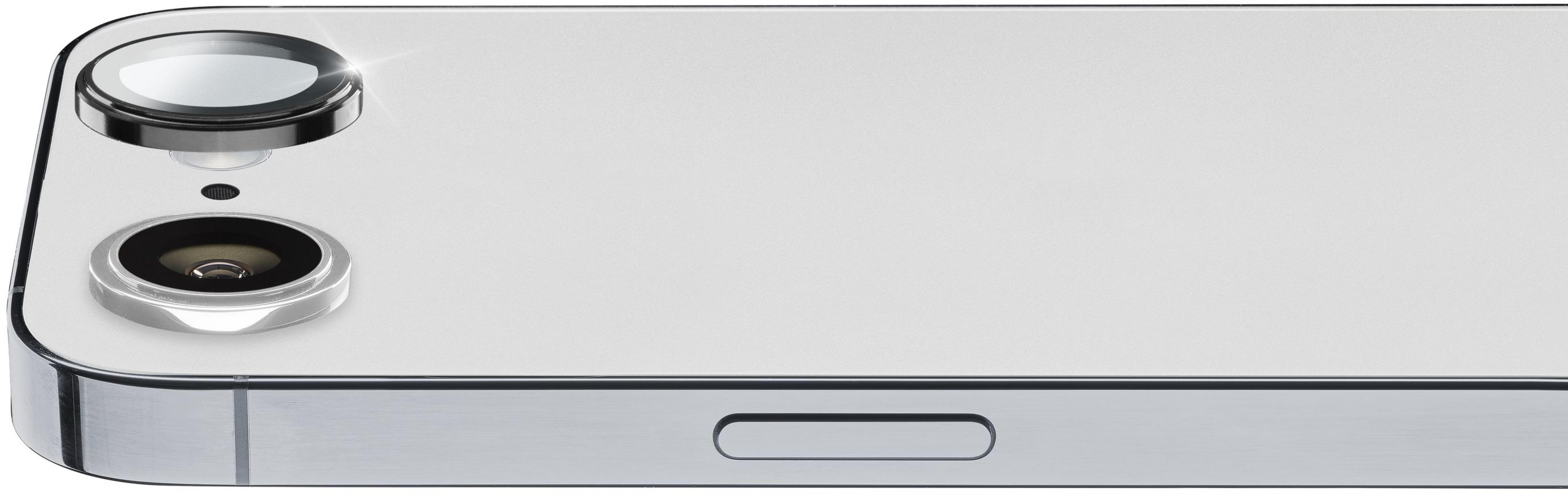 Primo piano del gruppo fotocamera posteriore di uno smartphone bianco con due lenti e flash.