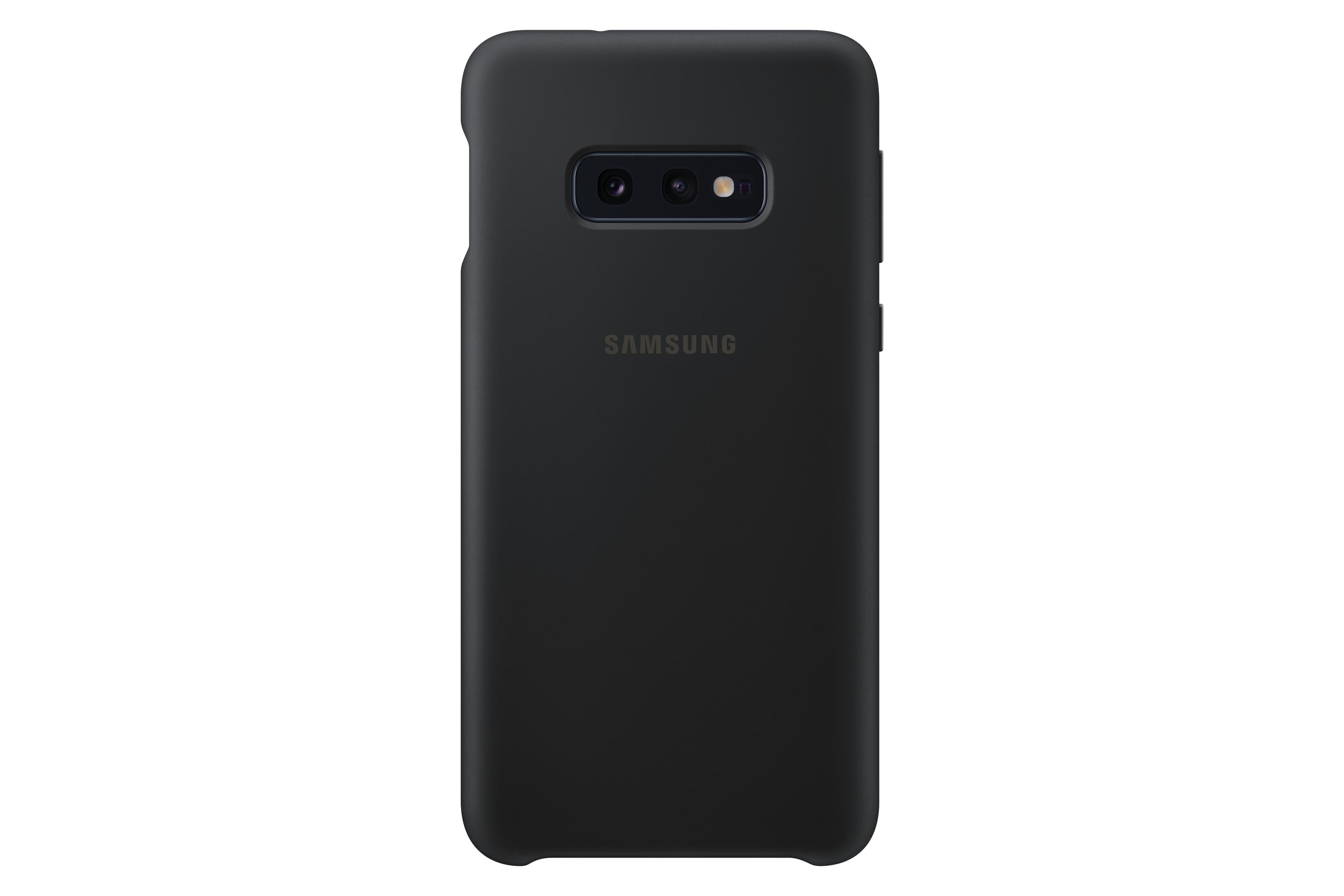 Telefono Samsung nero con due fotocamere e flash, su sfondo bianco.