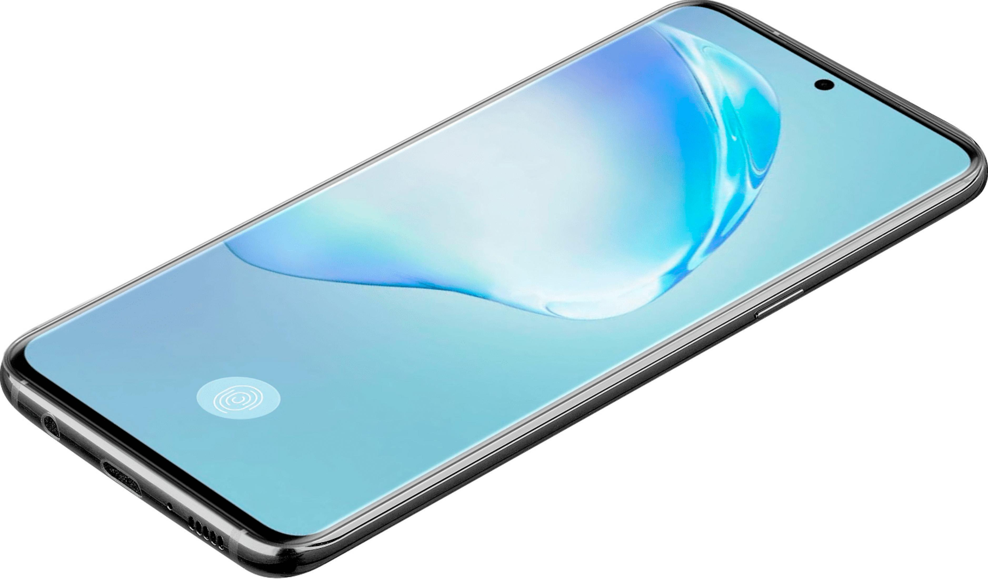 Ein schwarzes Smartphone mit blauem Hintergrundbild und Fingerabdrucksensor.
