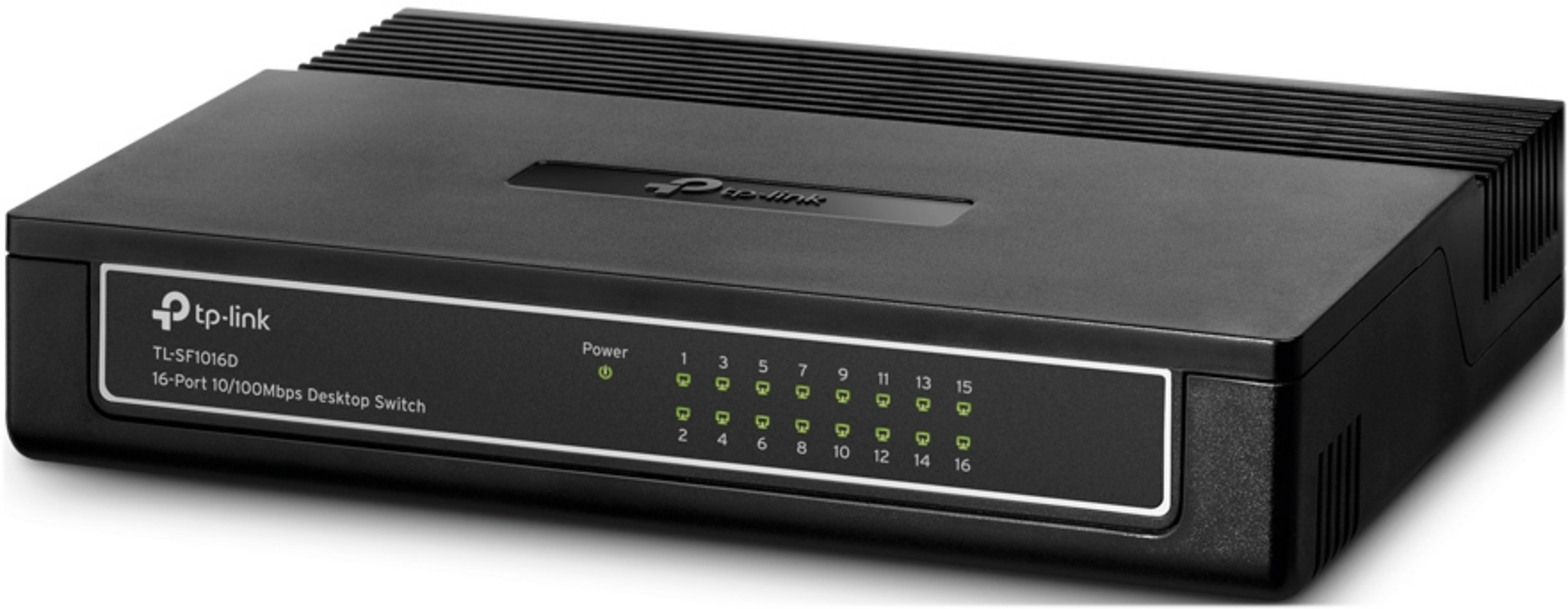 Czarny 16-portowy przełącznik biurkowy TP-Link z diodami statusu i otworami.