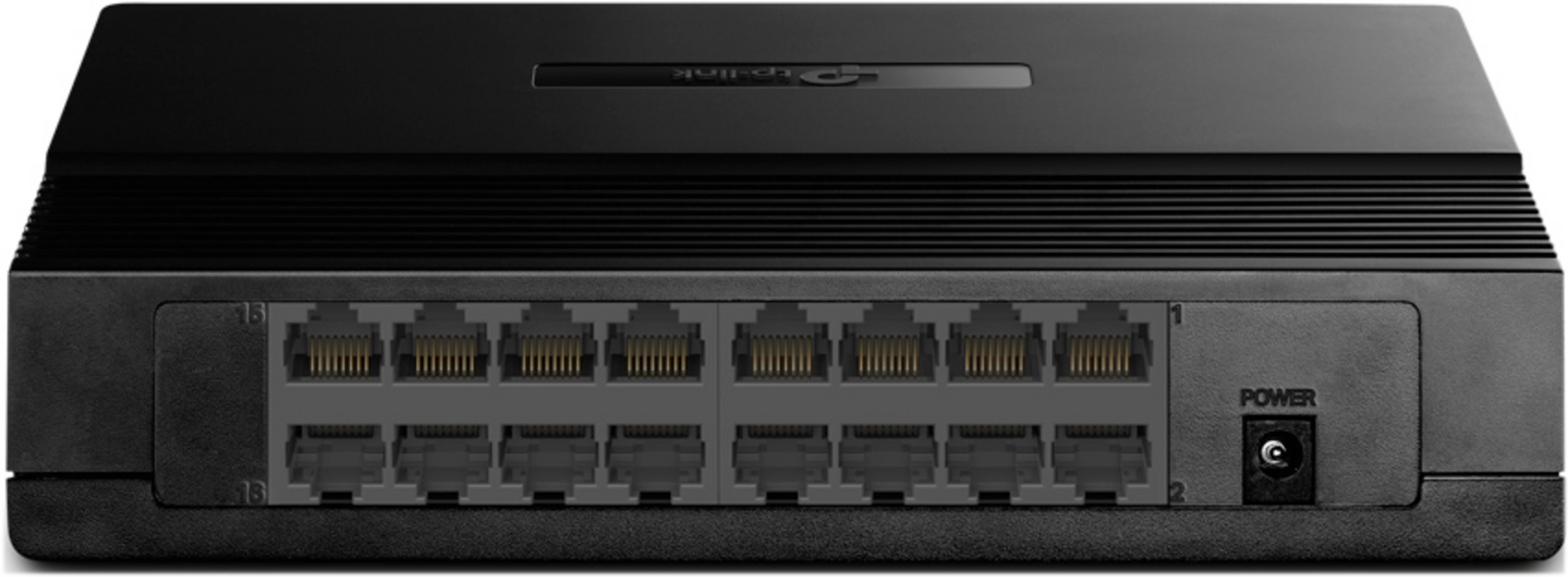 Czarny przełącznik sieciowy z 16 portami i złączem zasilania.