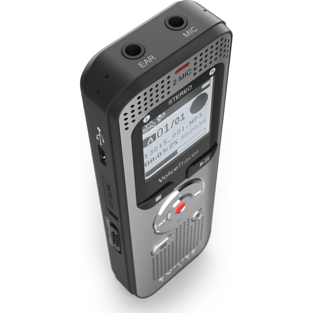 Czarno-srebrny dyktafon z ekranem, mikrofonami i gniazdami słuchawkowymi.