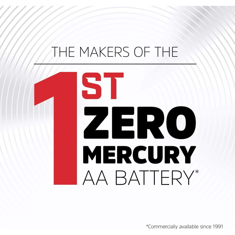 Logo brzmi: Twórcy pierwszej baterii AA bez rtęci. Dostępna komercyjnie od 1991 roku.