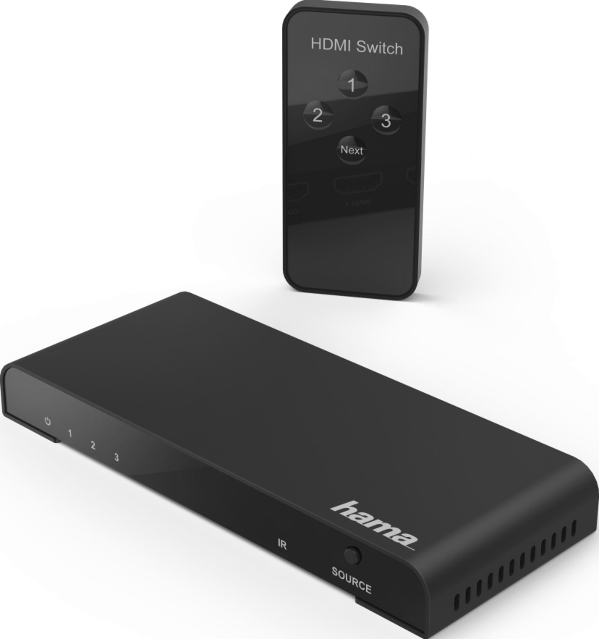 Switch HDMI negro con mando a distancia y etiquetas.