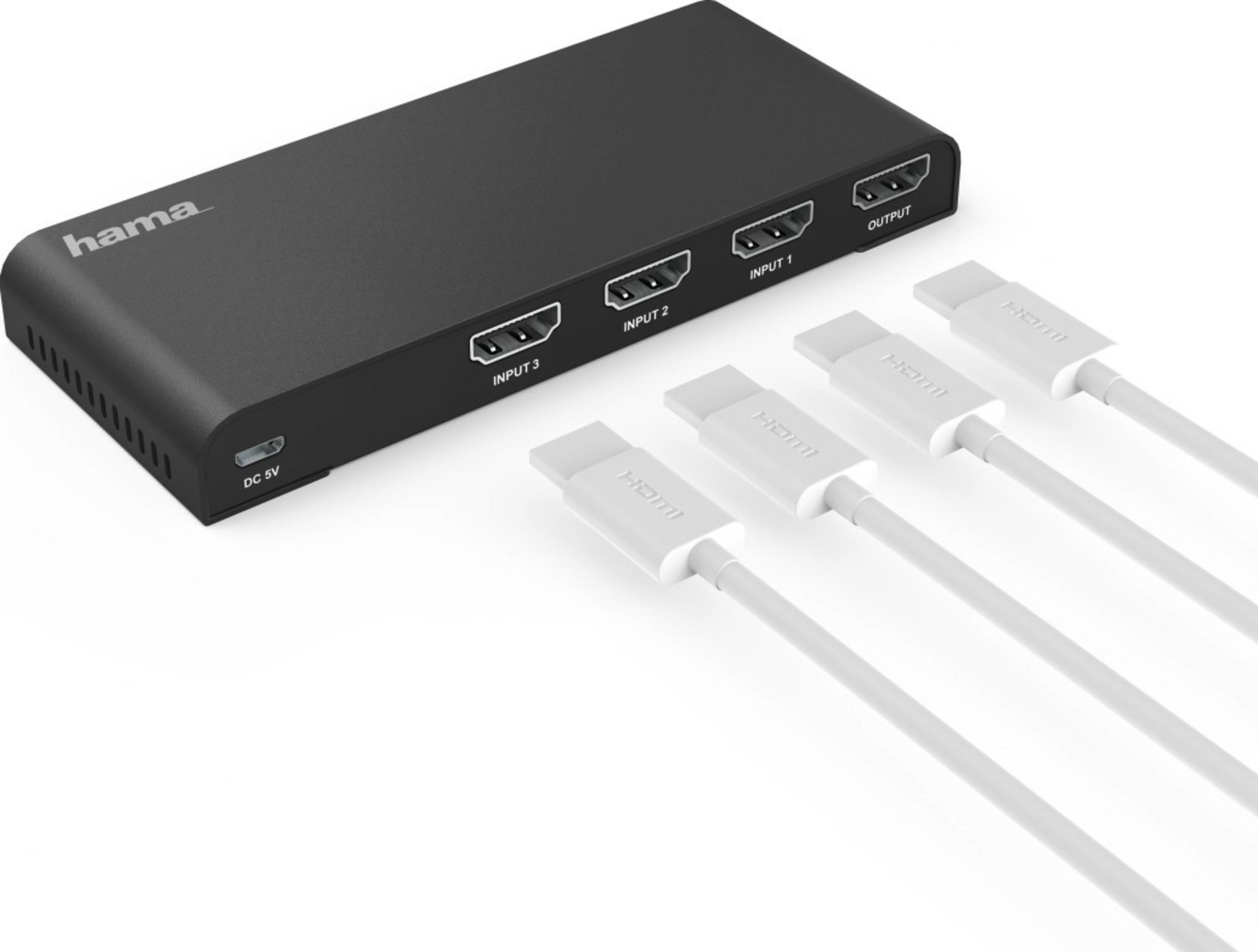 Conmutador HDMI negro con tres entradas y una salida, cables blancos.