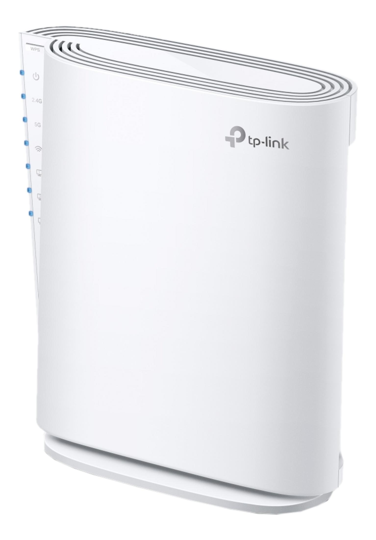 Biały router TP-Link z otworami wentylacyjnymi i diodami LED.