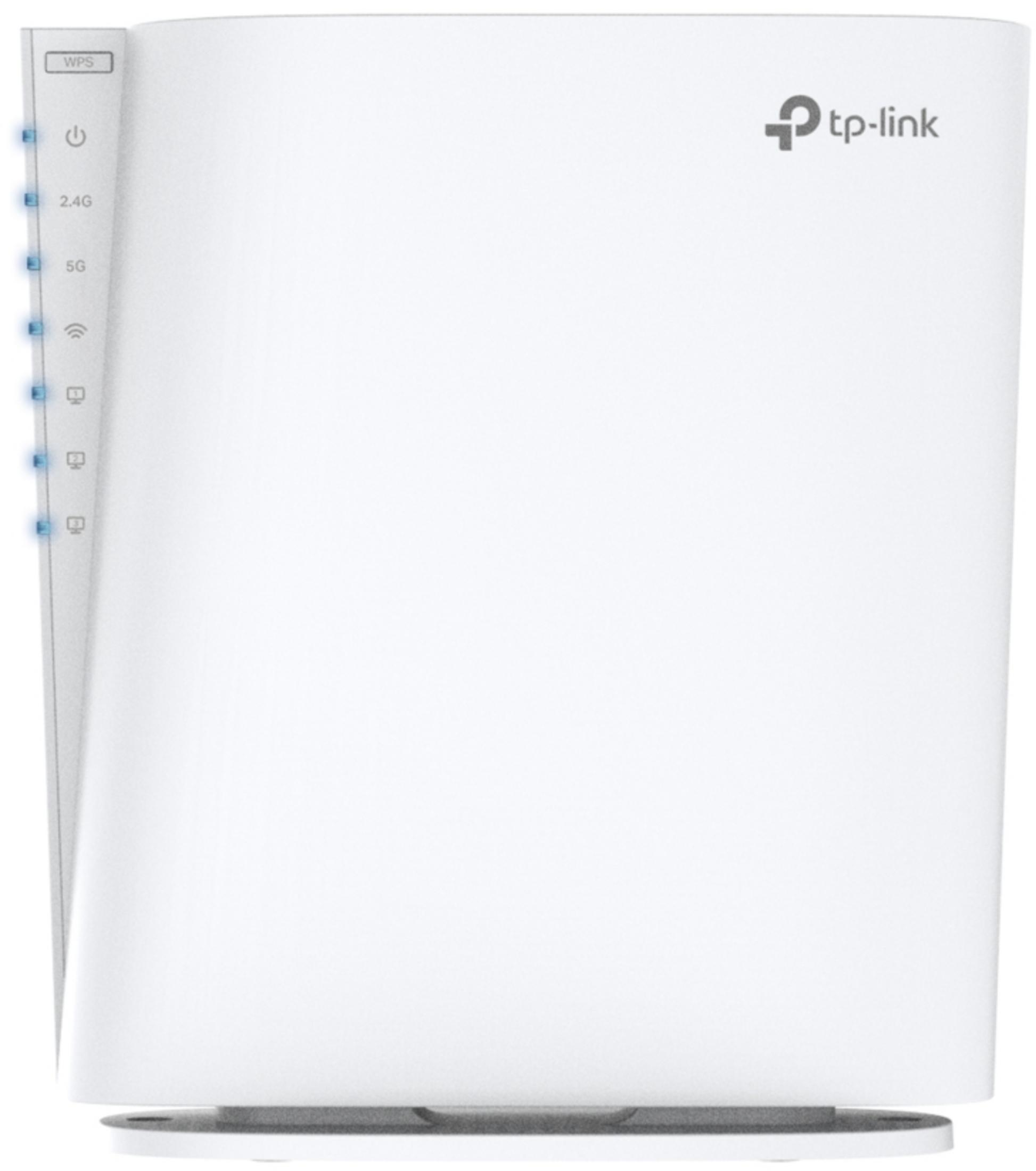 Biały router TP-Link z podświetlonymi niebieskimi diodami statusu po boku.