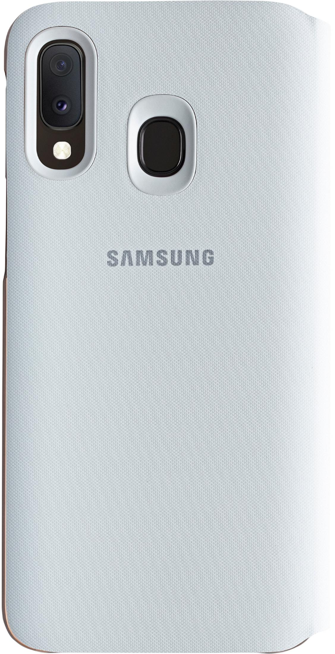 Rückseite eines weißen Samsung-Smartphones mit zwei Kameras und Fingerabdrucksensor.