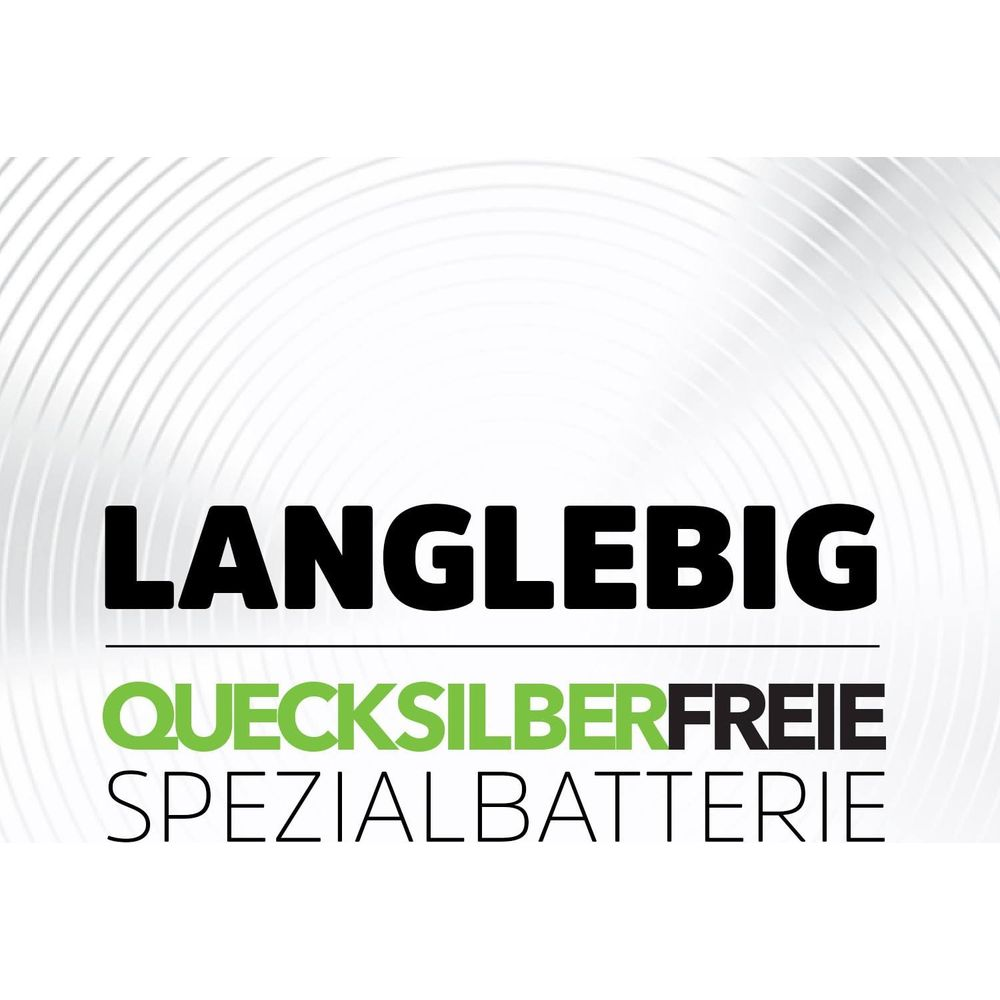 Text: Langlebig, Quecksilberfreie Spezialbatterie.
