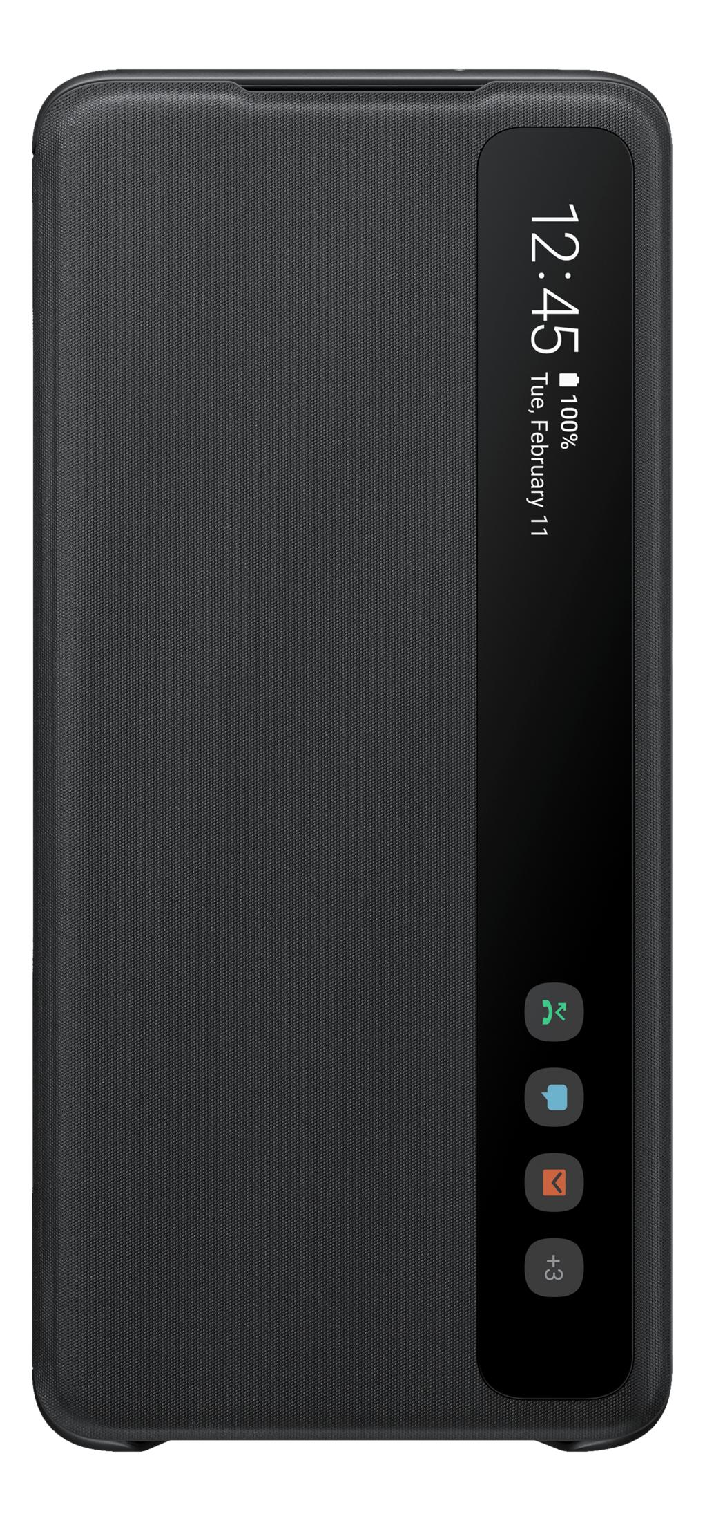 Funda de teléfono negra que muestra hora, fecha, batería e iconos en pantalla.