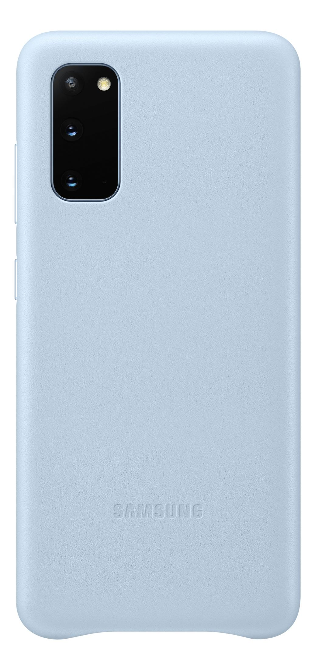 Una funda de teléfono azul claro con un bulto de cámara y logo Samsung.