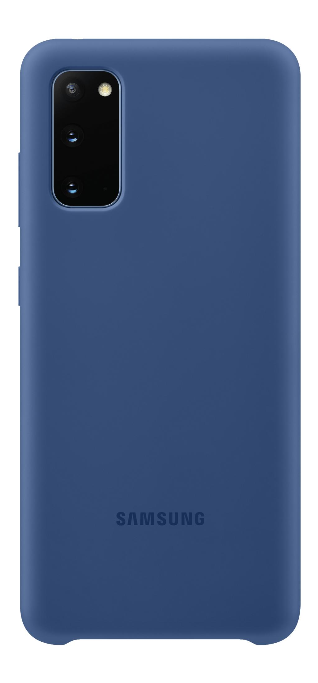 Custodia blu scuro per telefono con modulo fotocamera e logo Samsung.