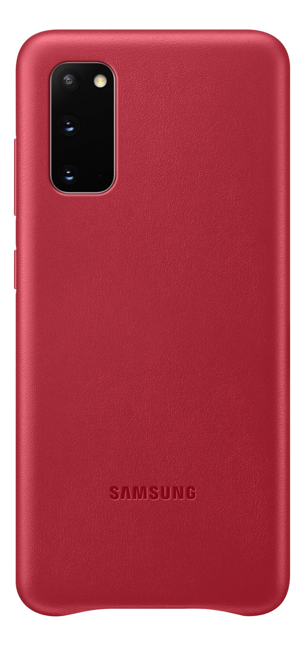 Funda roja para teléfono con módulo de cámara y logo Samsung.