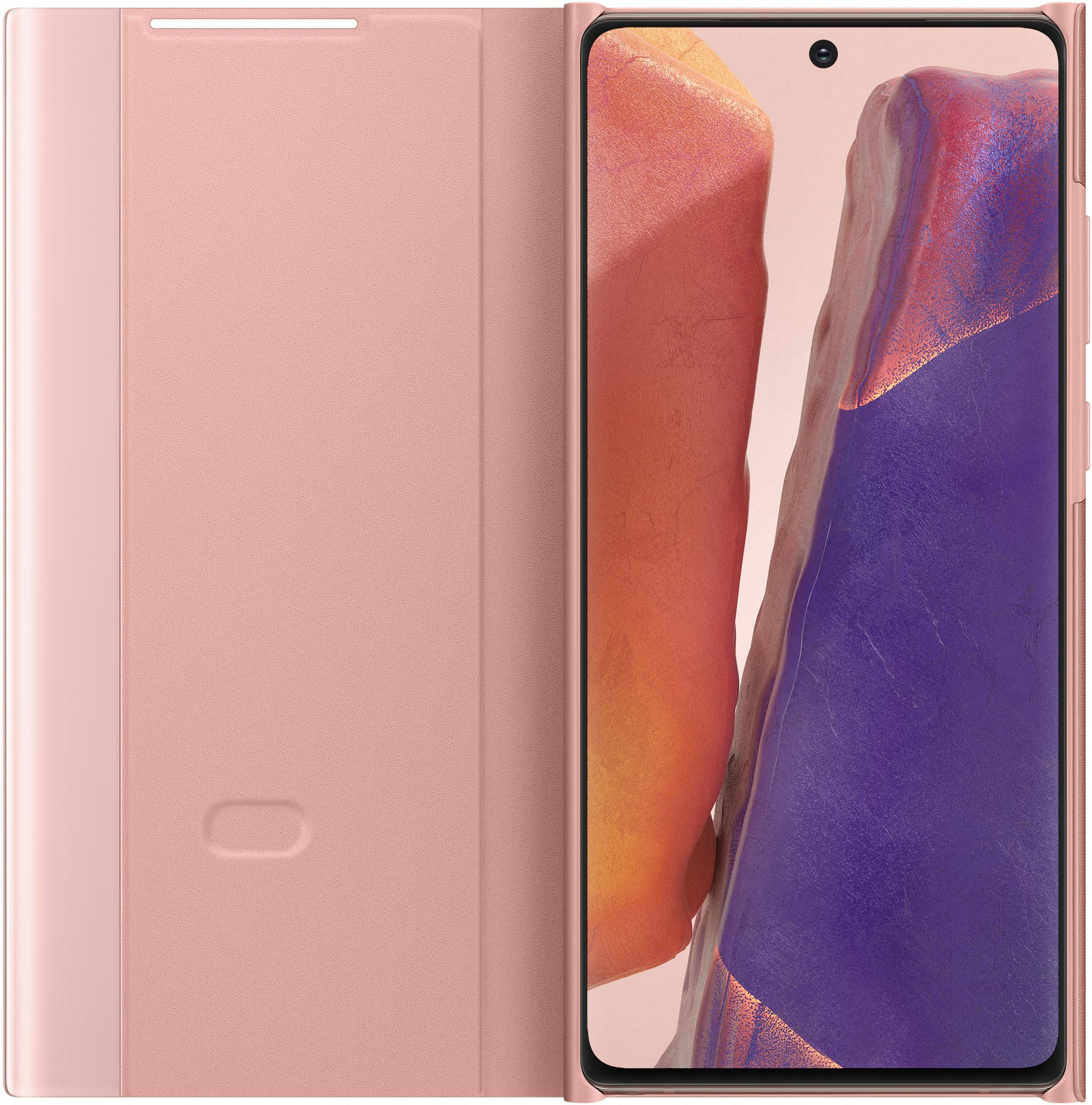 Ein rosafarbener Handy-Schutz mit offenem Klappdeckel, der ein Handy mit bunter Hintergrundgrafik zeigt.