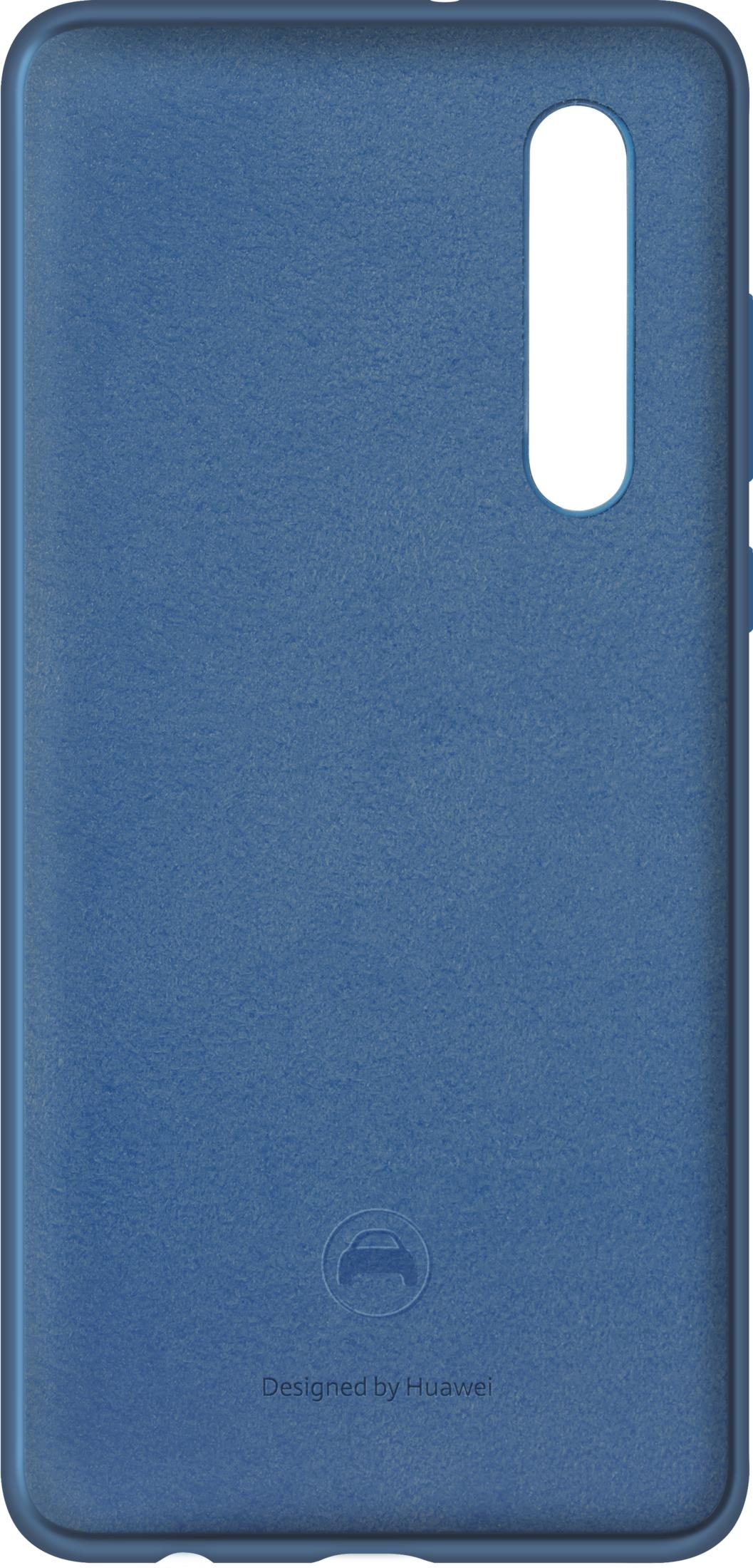 Custodia blu per telefono Huawei con ritaglio fotocamera verticale e logo.