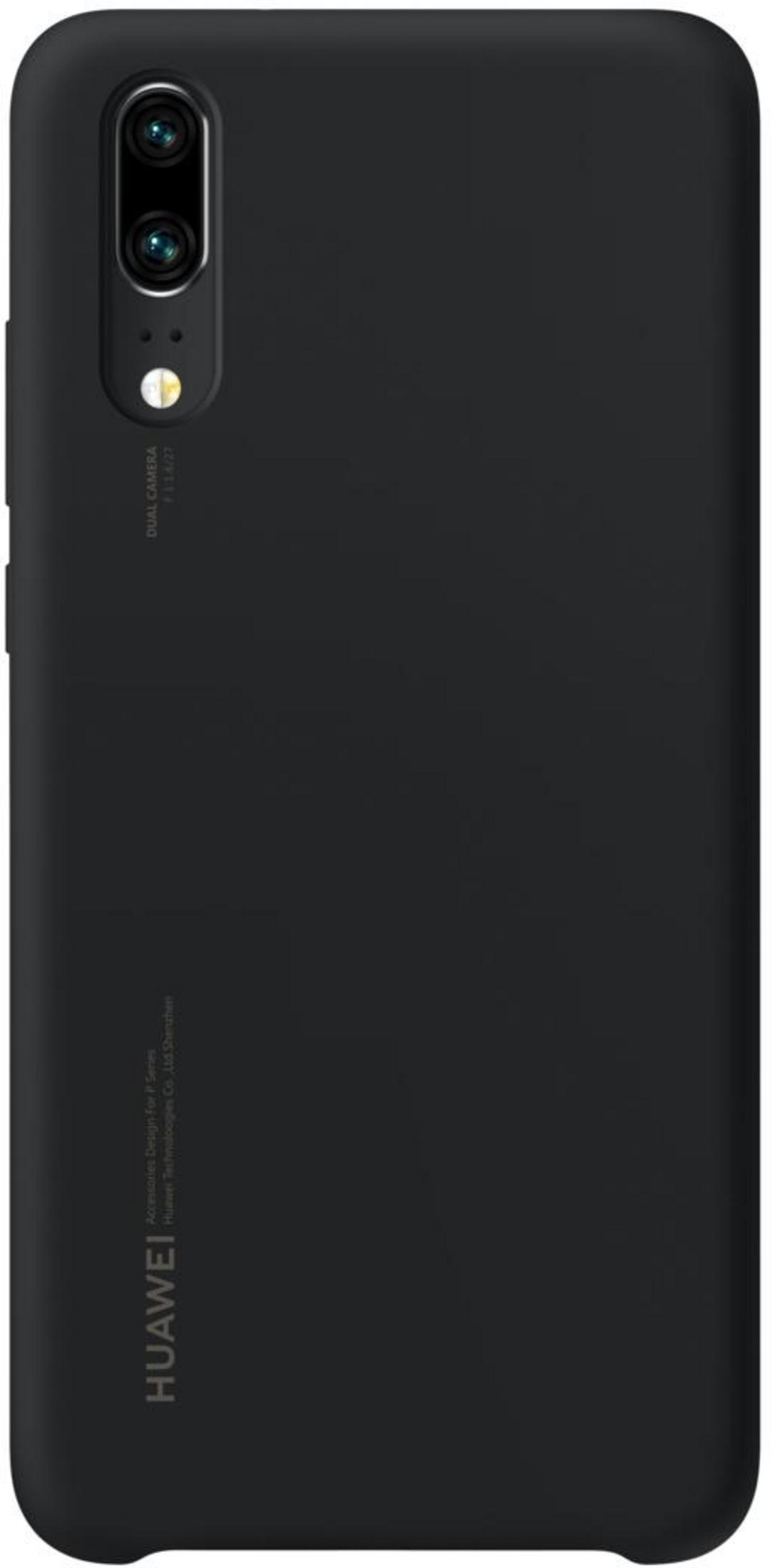Cover nera per telefono con ritaglio doppia fotocamera e logo Huawei.