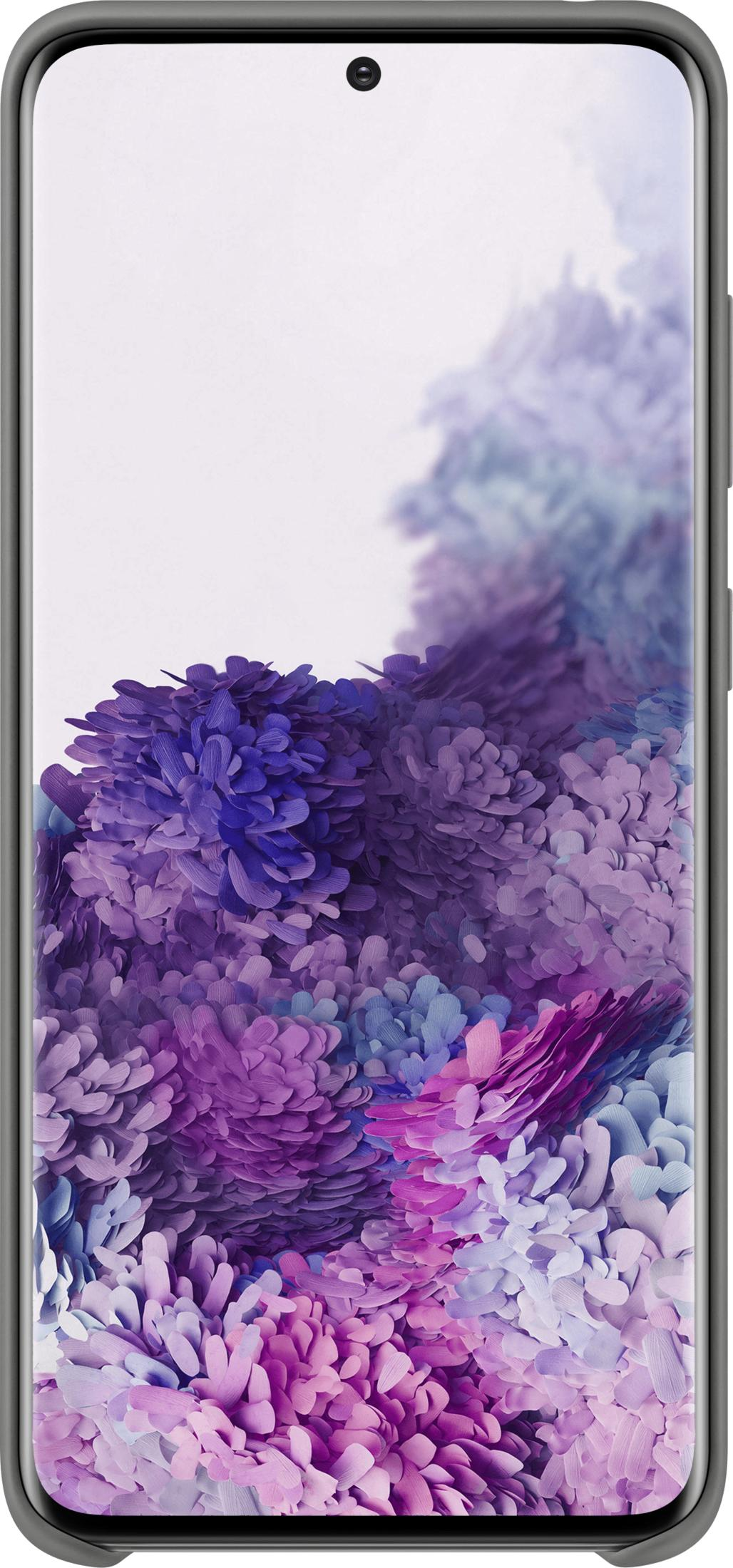 Uno smartphone con uno sfondo di motivi floreali viola e blu.