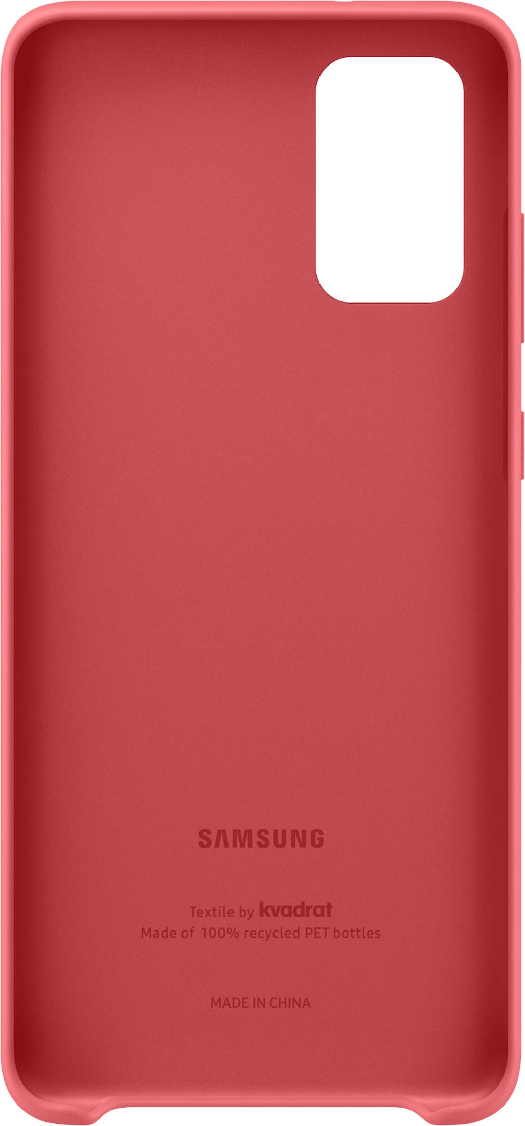 Custodia rossa per telefono con ritaglio fotocamera e logo Samsung.