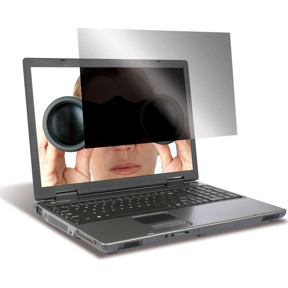 Ein Laptop mit einem Sichtschutzfilter, der eine Person mit Fernglas zeigt.