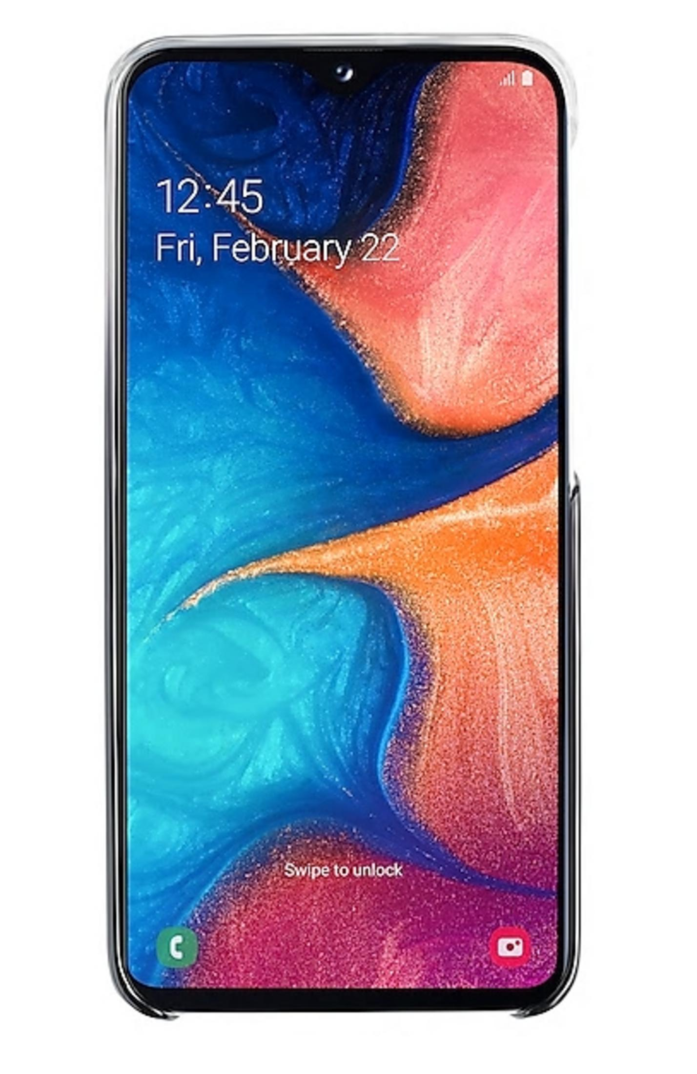 Smartfon z godziną 12:45 i niebiesko-pomarałową tapetą. Przesuń, aby odblokować.