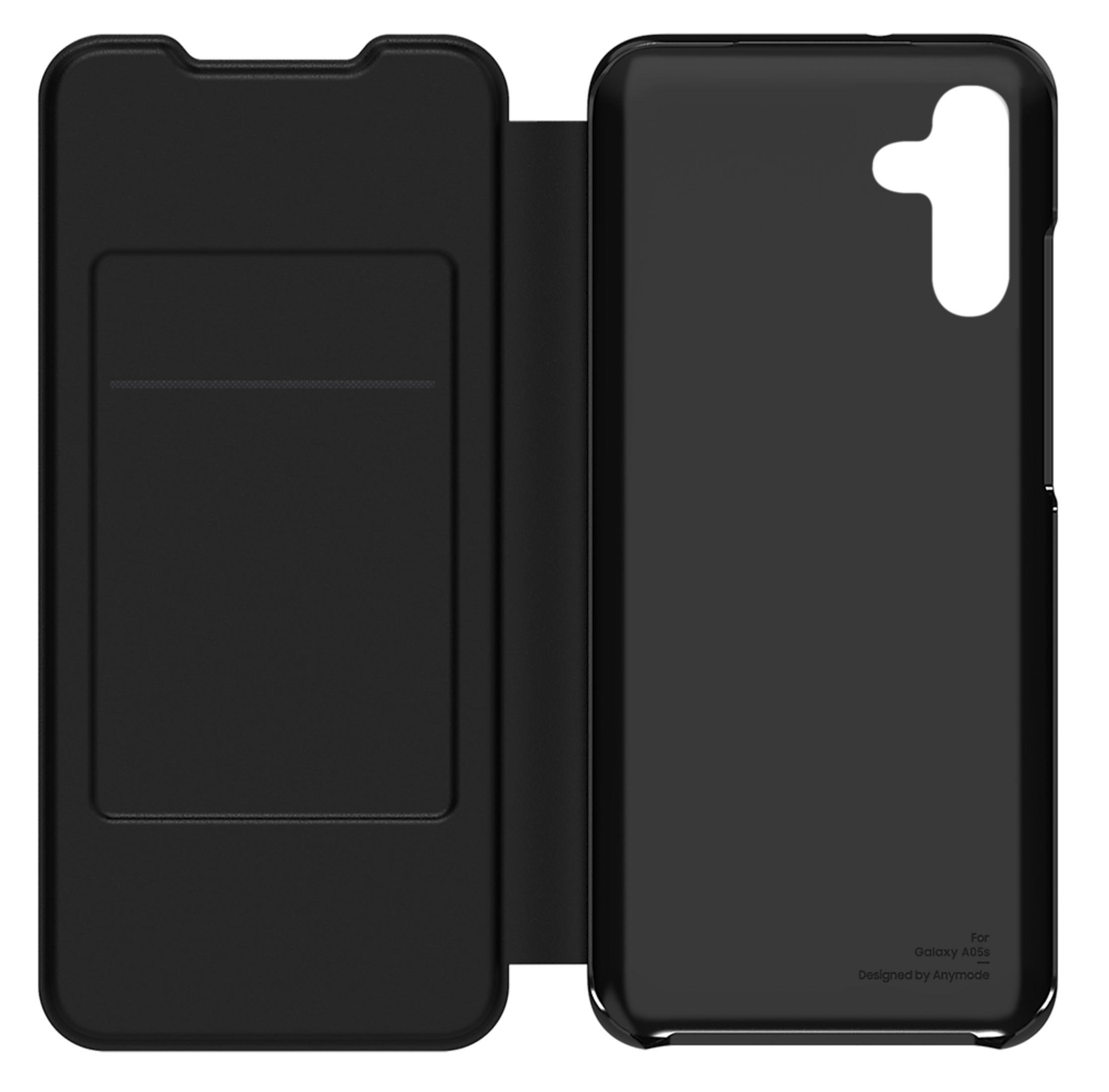 Étui de téléphone noir ouvert, montre poche intérieure et dos. Pour Galaxy A05s.