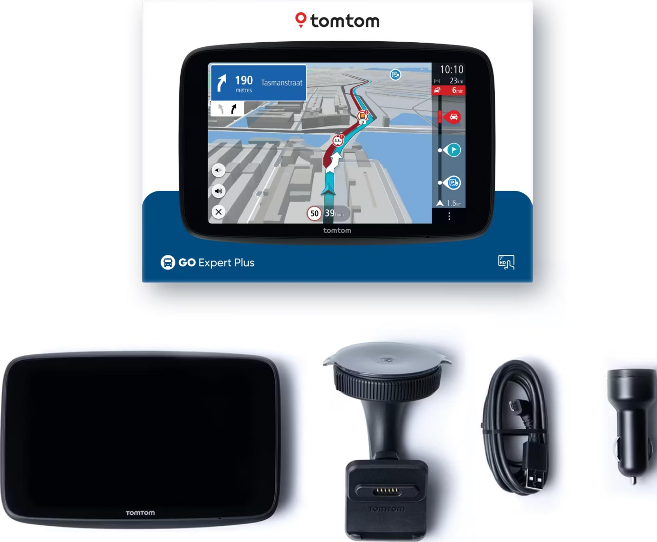 Dispositivo de navegación TomTom GO Expert Plus con accesorios: soporte, cable, cargador.