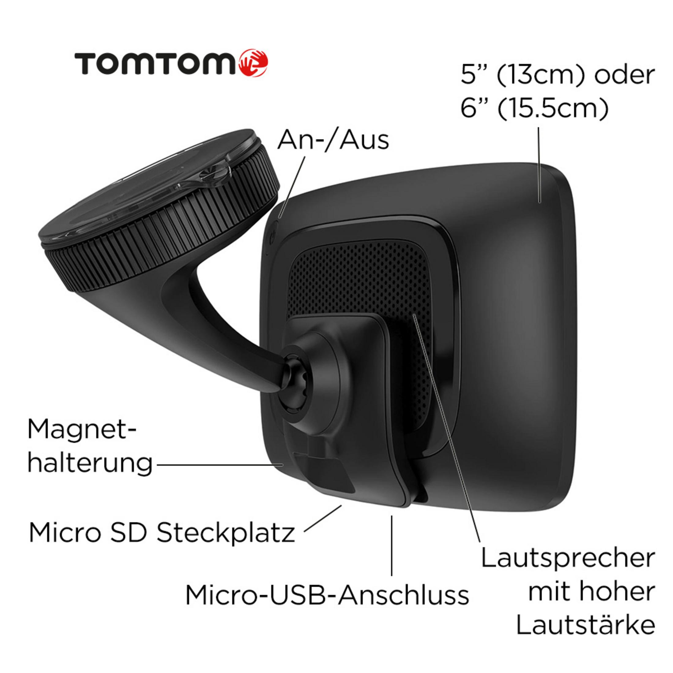 TomTom-Navigationsgerät mit Magnethalterung, Micro-SD-Slot, USB und Lautsprecher.