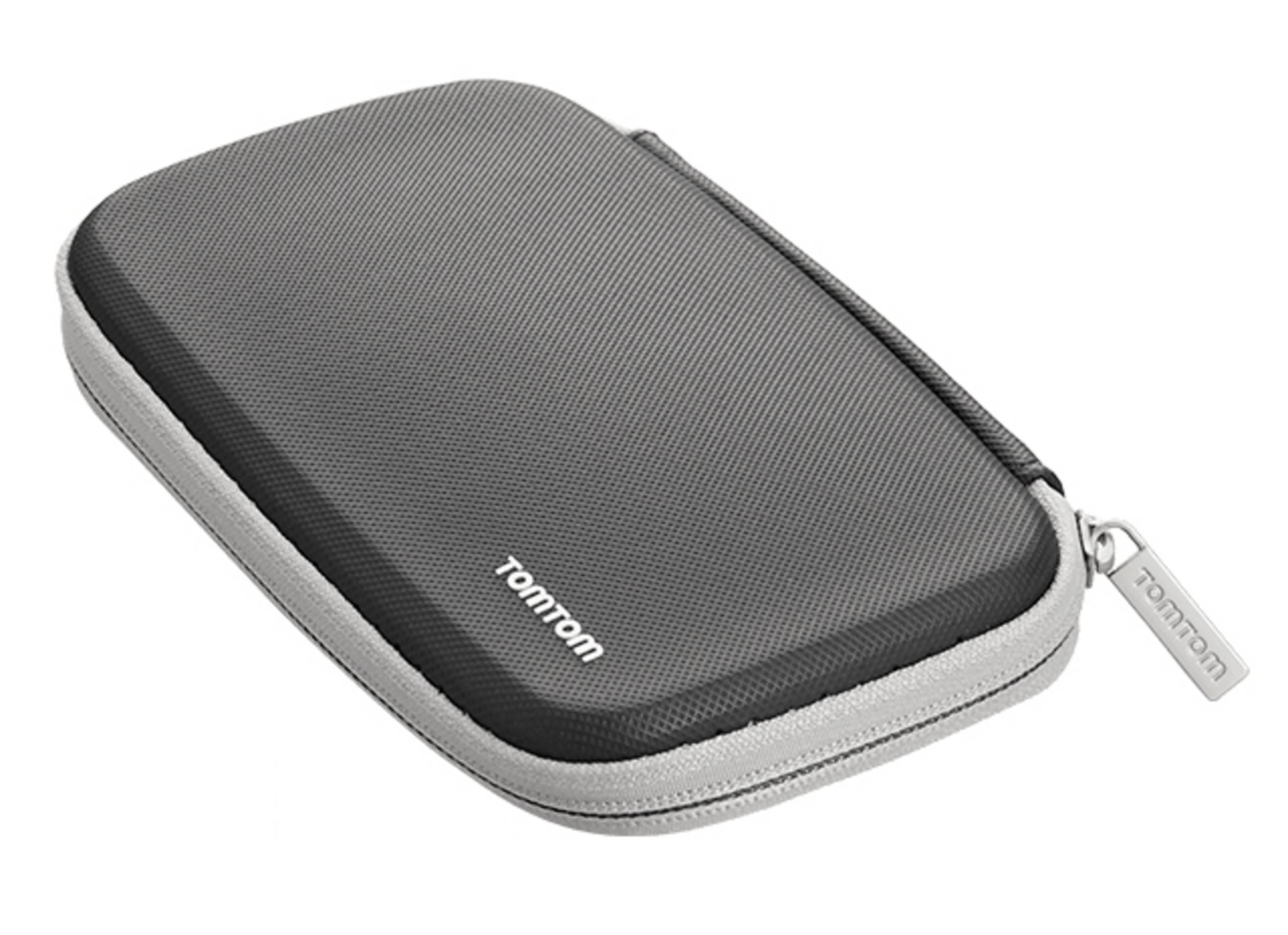 Graue TomTom-Tasche mit Reißverschluss.