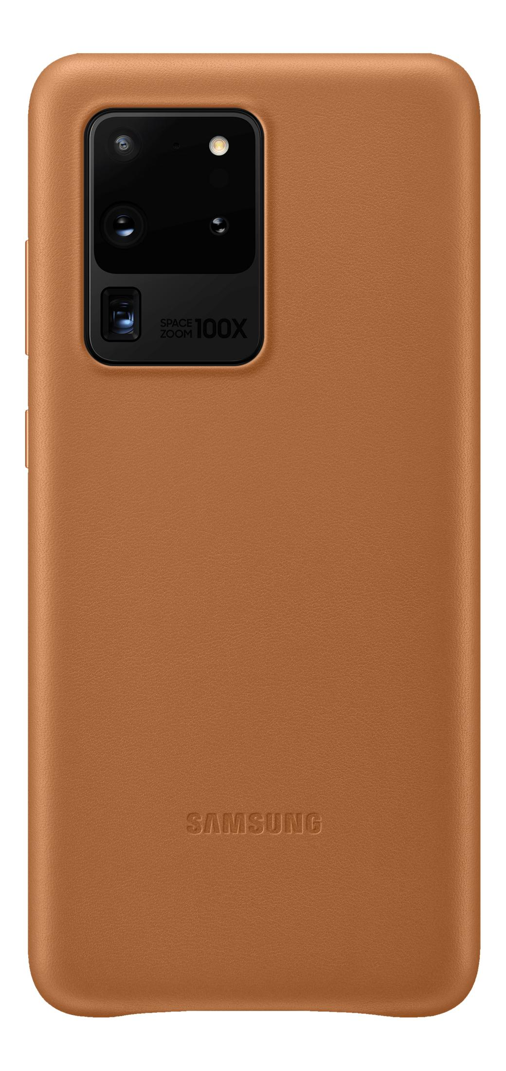 Custodia marrone per telefono con modulo fotocamera e logo Samsung.