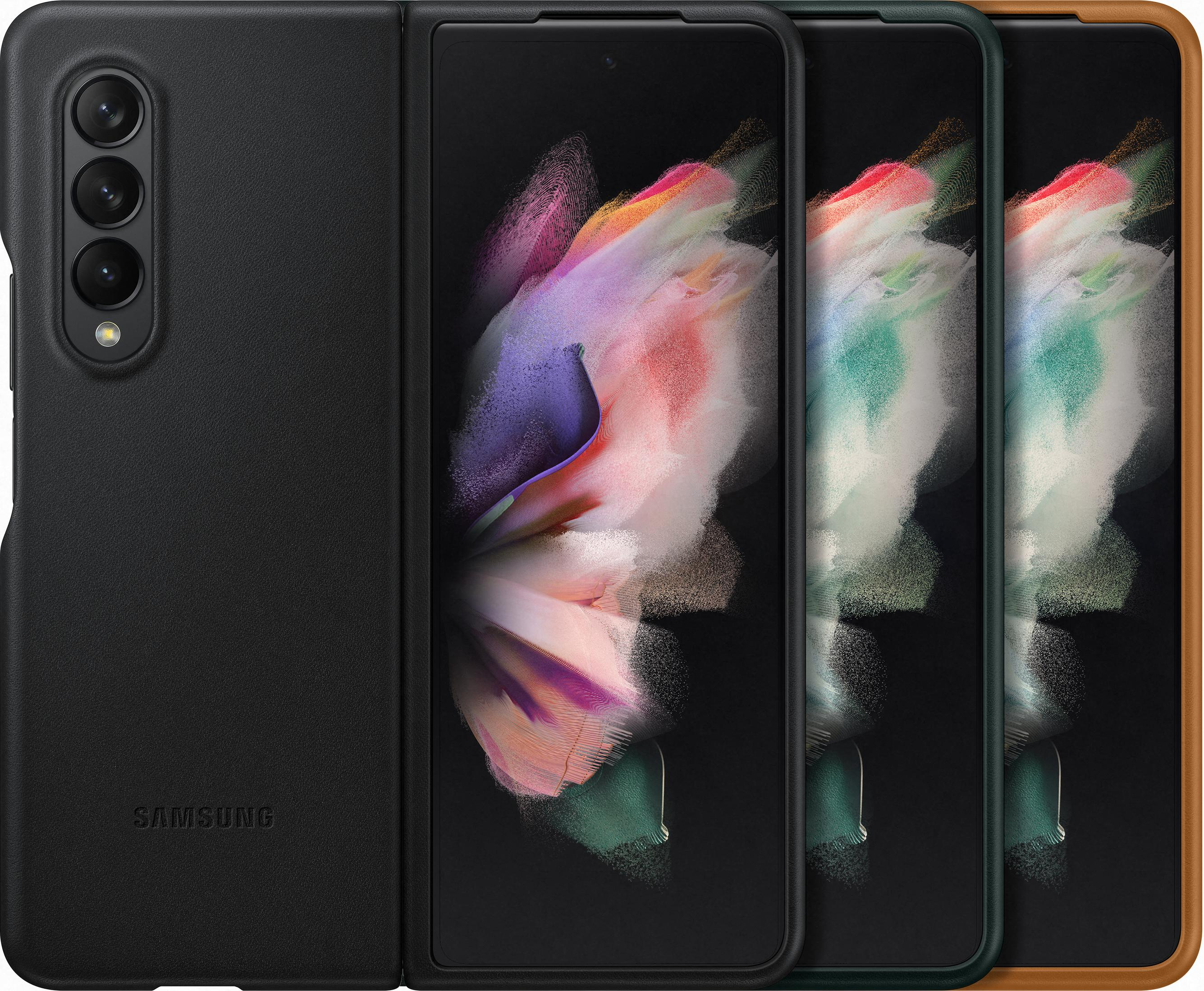 Custodia nera con tre smartphone aperti in colori diversi.