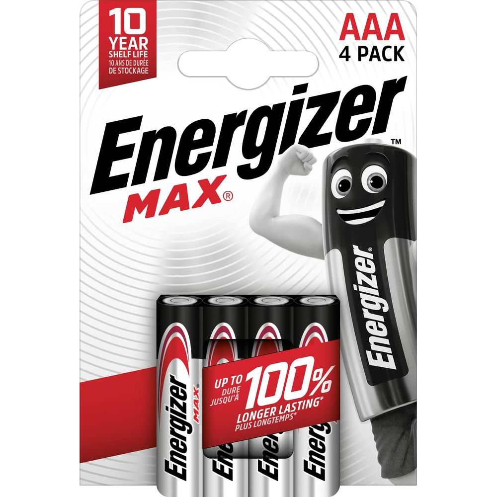 Baterie Energizer AAA w opakowaniu 4 szt. z 10-letnim terminem.