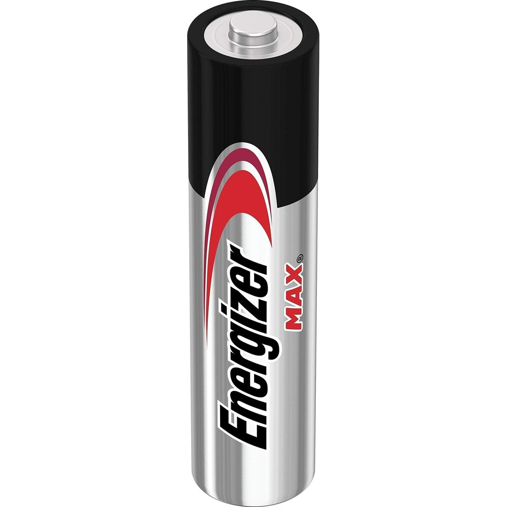 Bateria AA Energizer MAX z czarną główką i srebrnym korpusem.