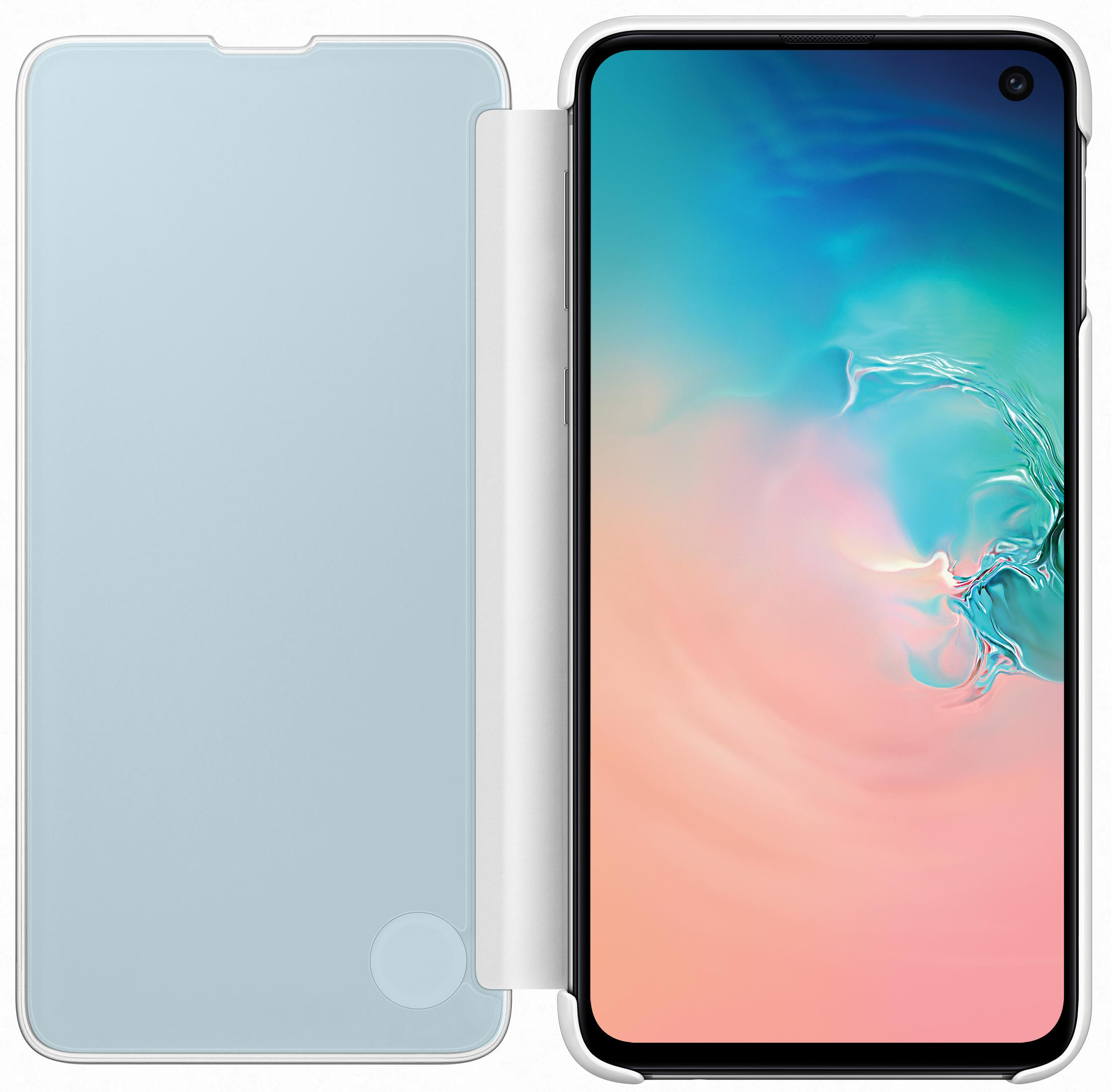 Una cover per smartphone azzurra è aperta, rivelando uno smartphone con uno sfondo colorato.