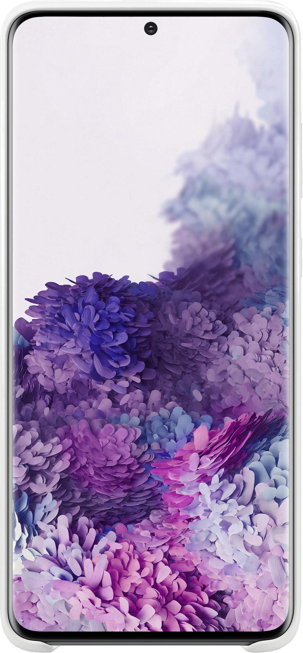 Ein Smartphone mit einem lila und blauen Blumenmuster-Hintergrund.