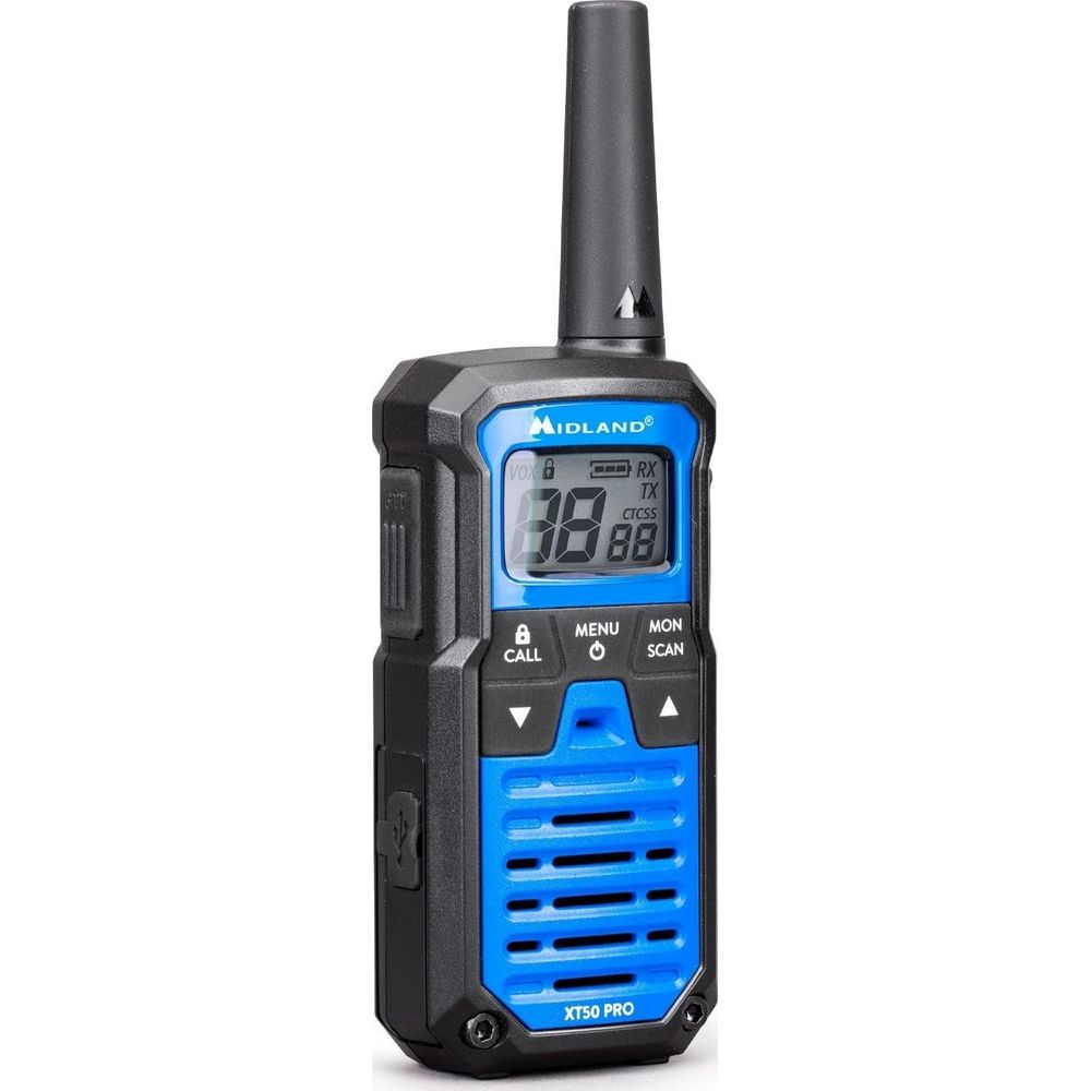Radio Midland XT50 Pro w czarno-niebieskiej obudowie z anteną i wyświetlaczem.