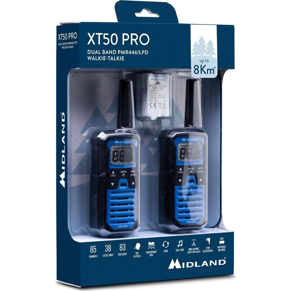Dwa radiotelefony Midland XT50 PRO w niebiesko-czarnym opakowaniu, zasięg do 8 km.