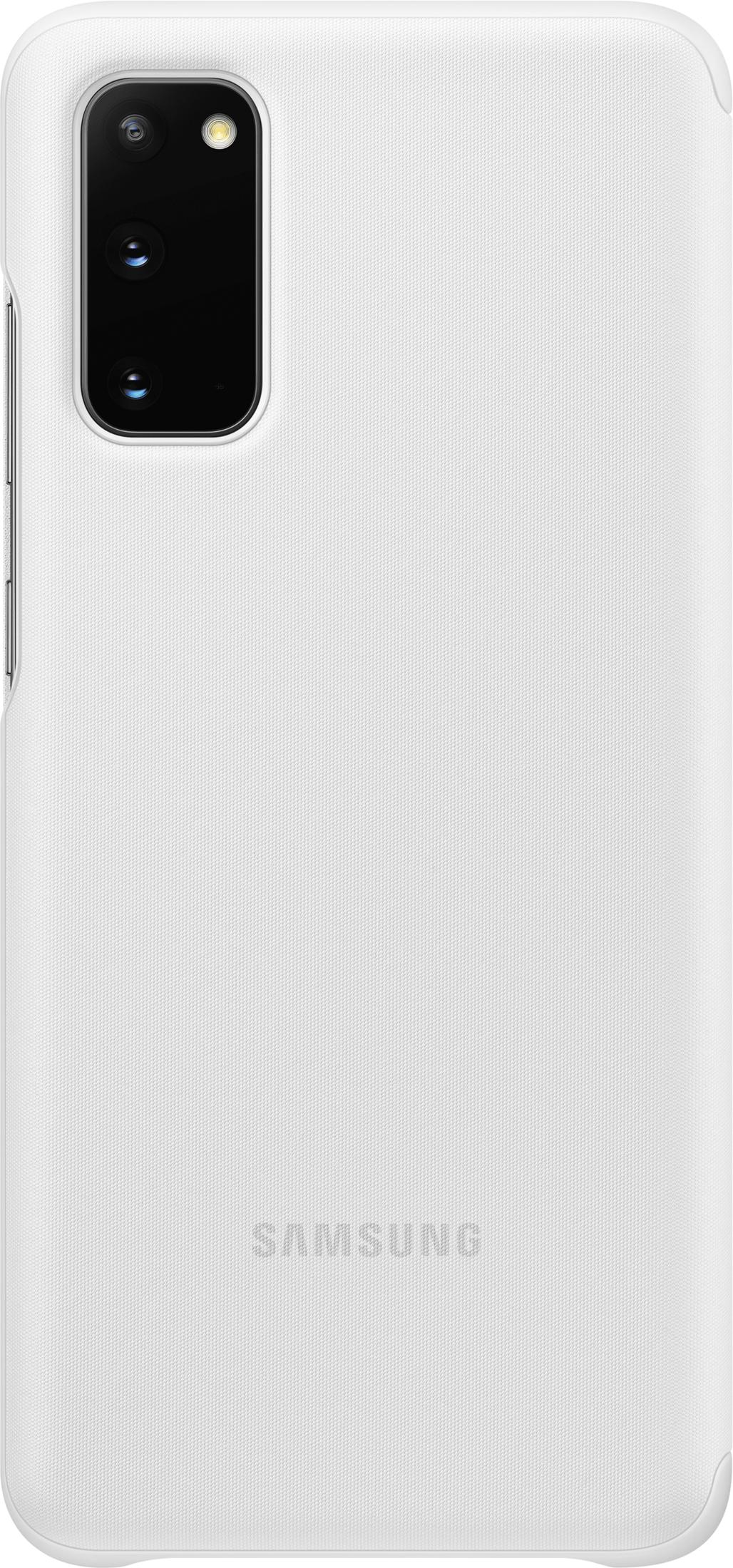 Weiße Handyhülle mit dreifacher Kamera und Samsung-Logo.