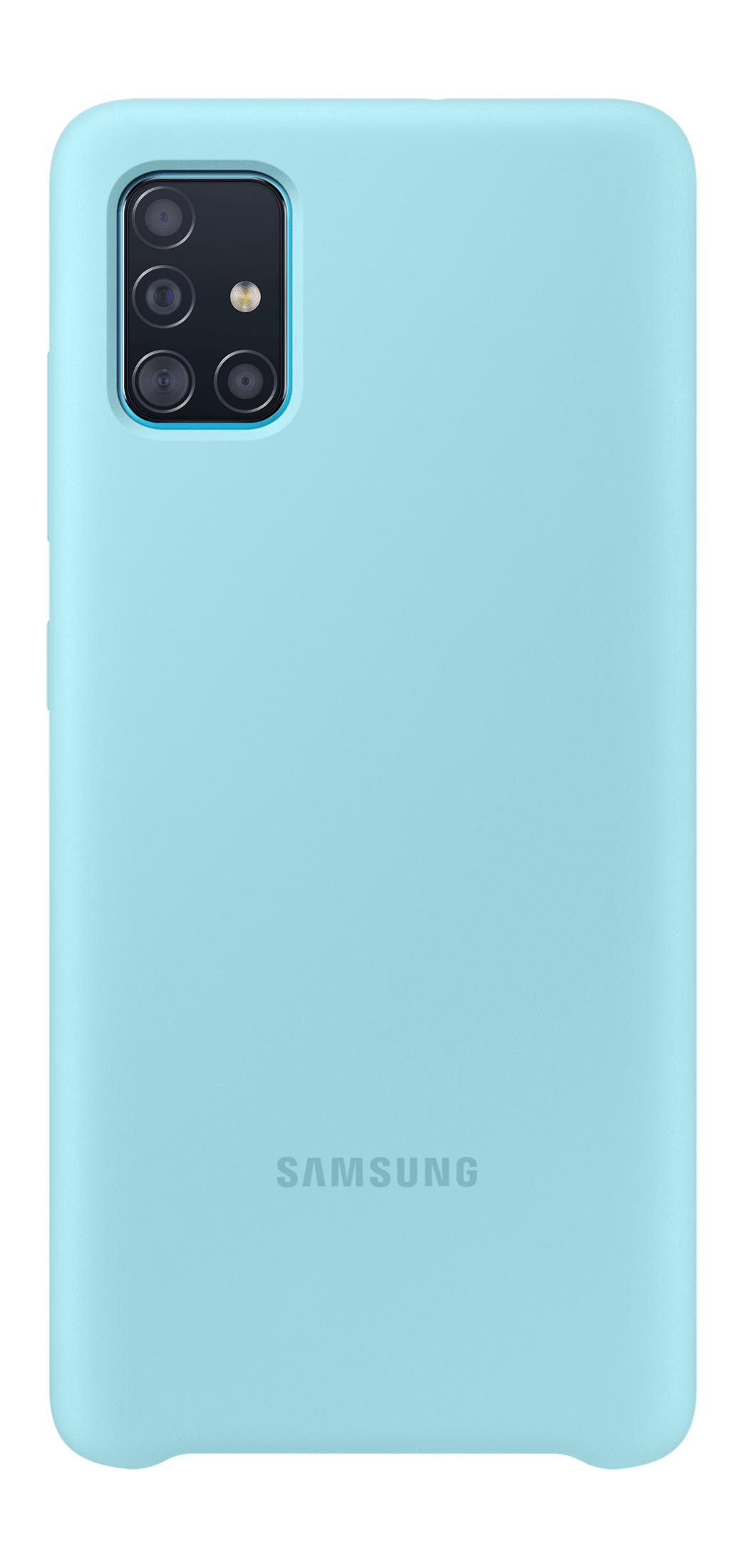 Lichtblauwe telefoonhoes met cameralens en Samsung logo.