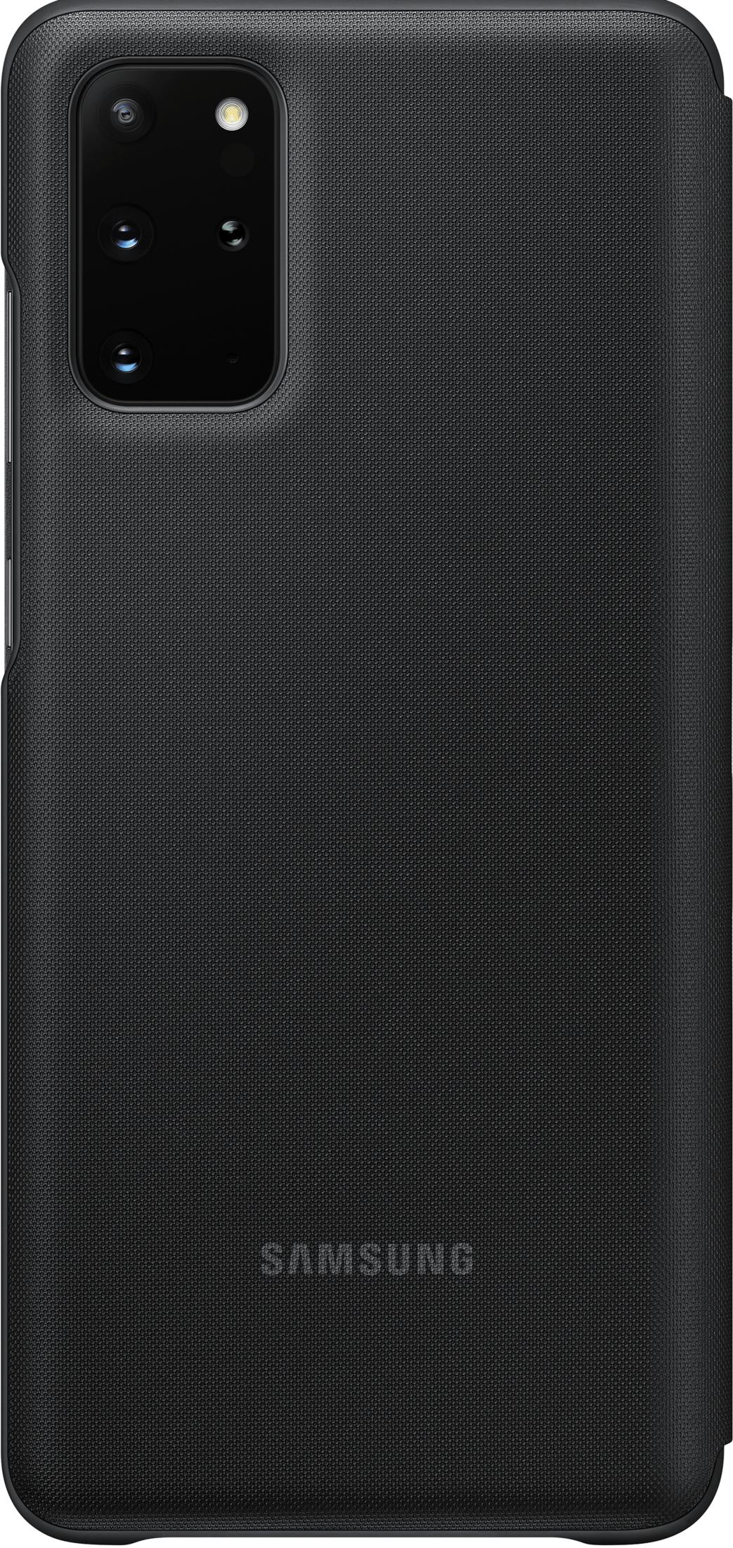 Cover nera per telefono con superficie testurizzata e lenti fotocamera. Logo Samsung in basso.